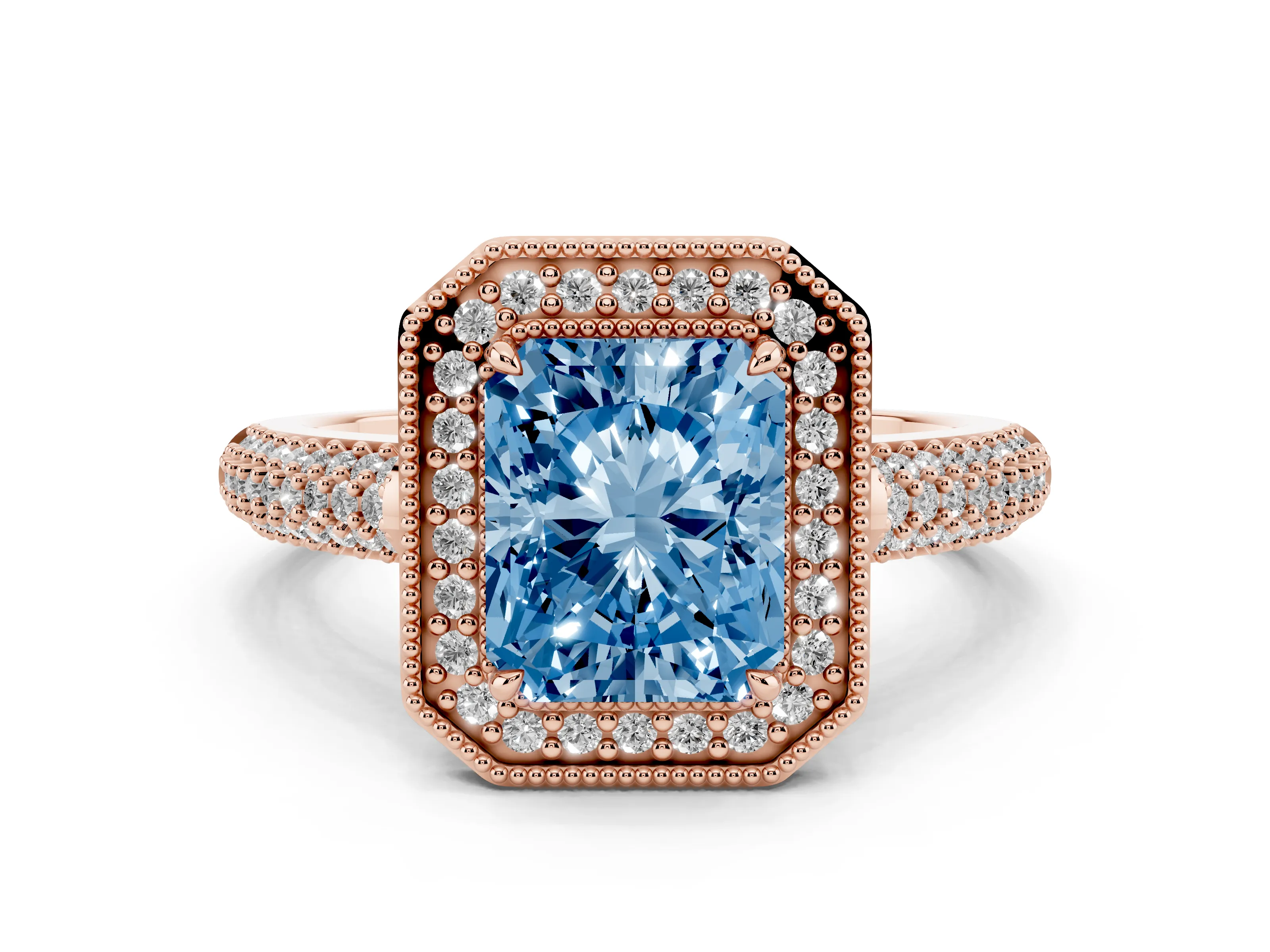Fancy Blue Radiant Cut Diamond Halo Pavé Band Set in Rose gold with Prong Setting