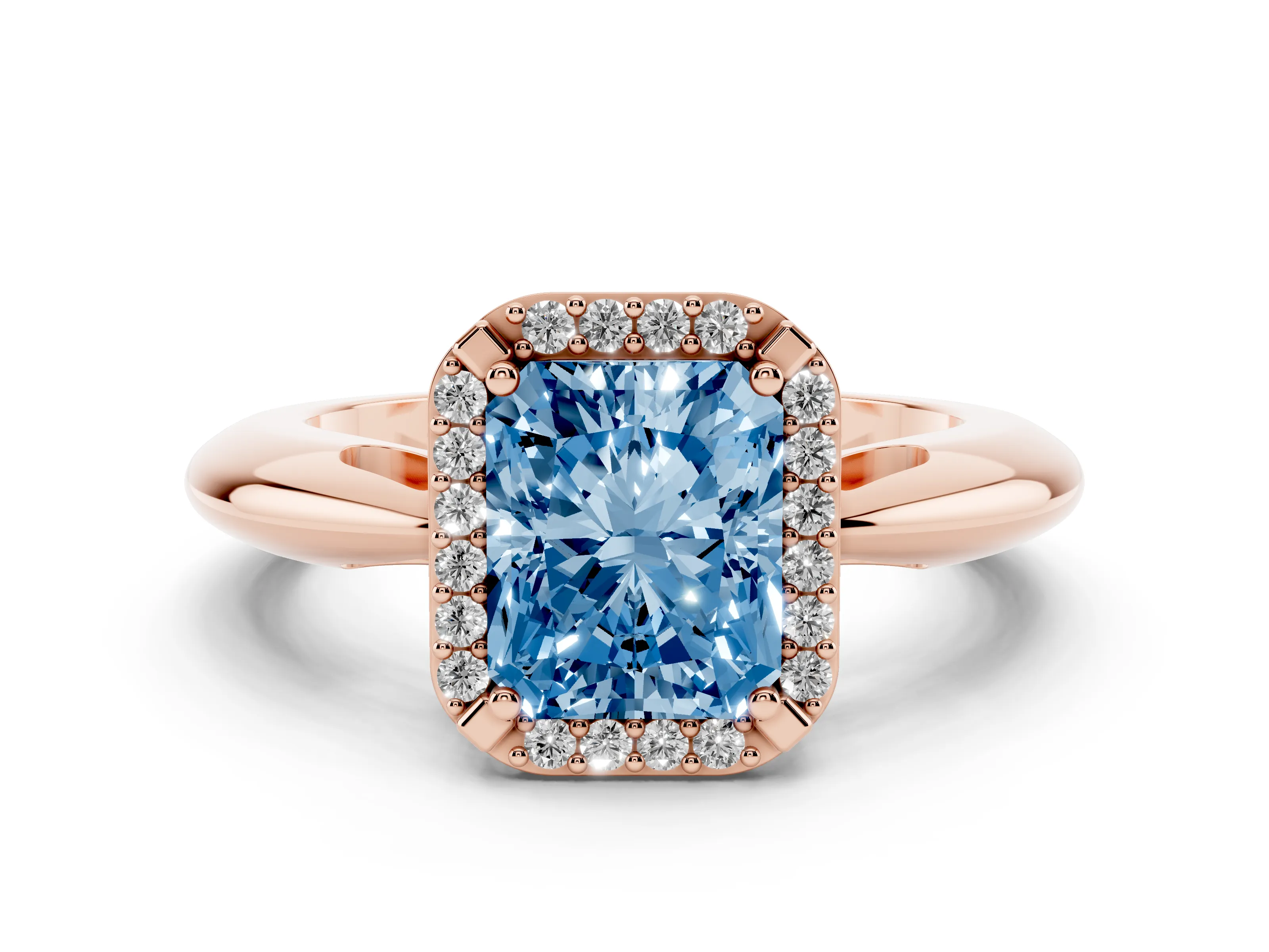 Fancy Blue Radiant Cut Diamond Halo Engagement Ring Set in Rose gold with Plain Split Shank and Prong Setting