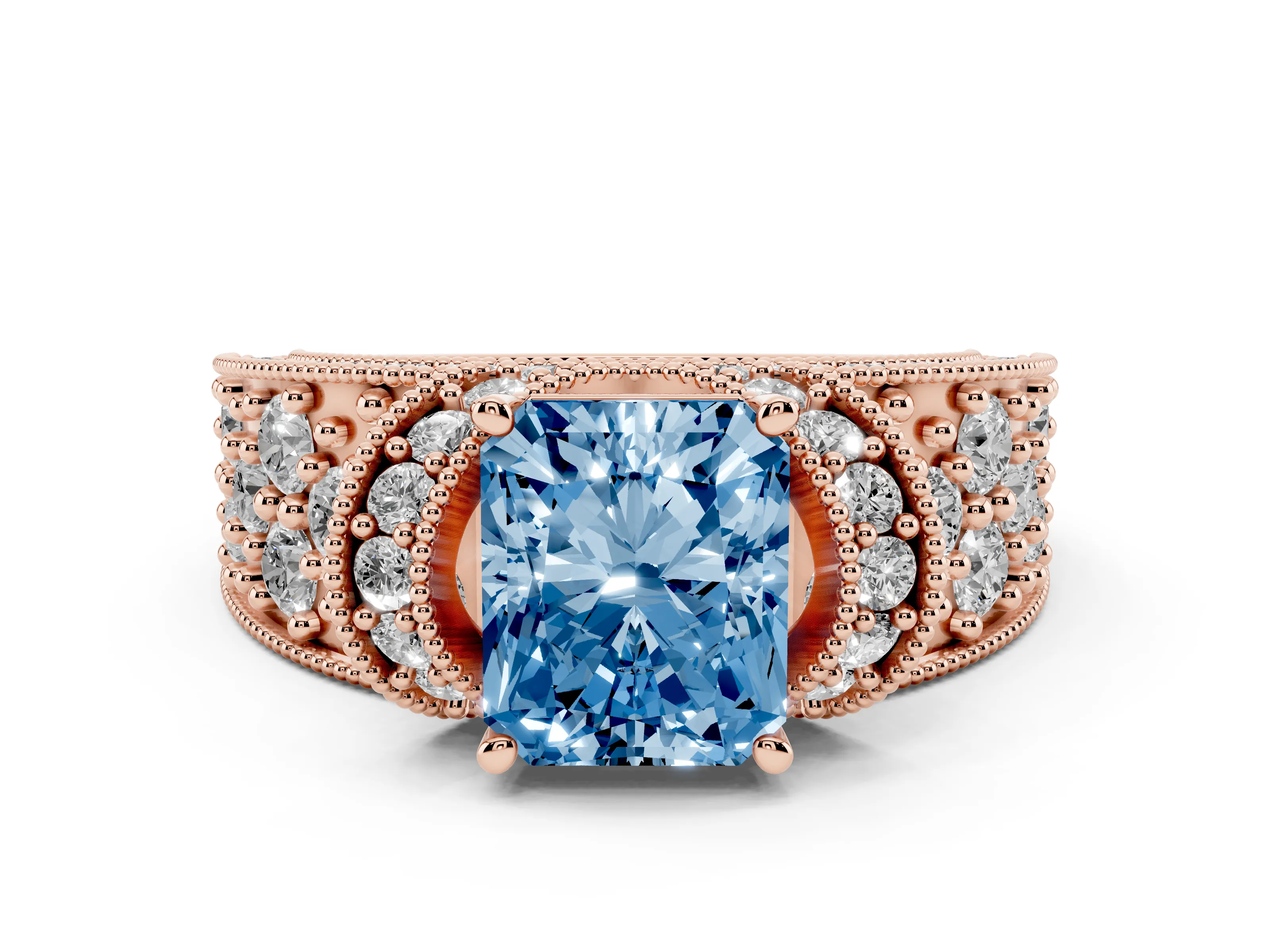 Fancy Blue Radiant Cut Diamond Milgrain Halo Pavé Engagement Ring Set in Rose gold with Prong Setting