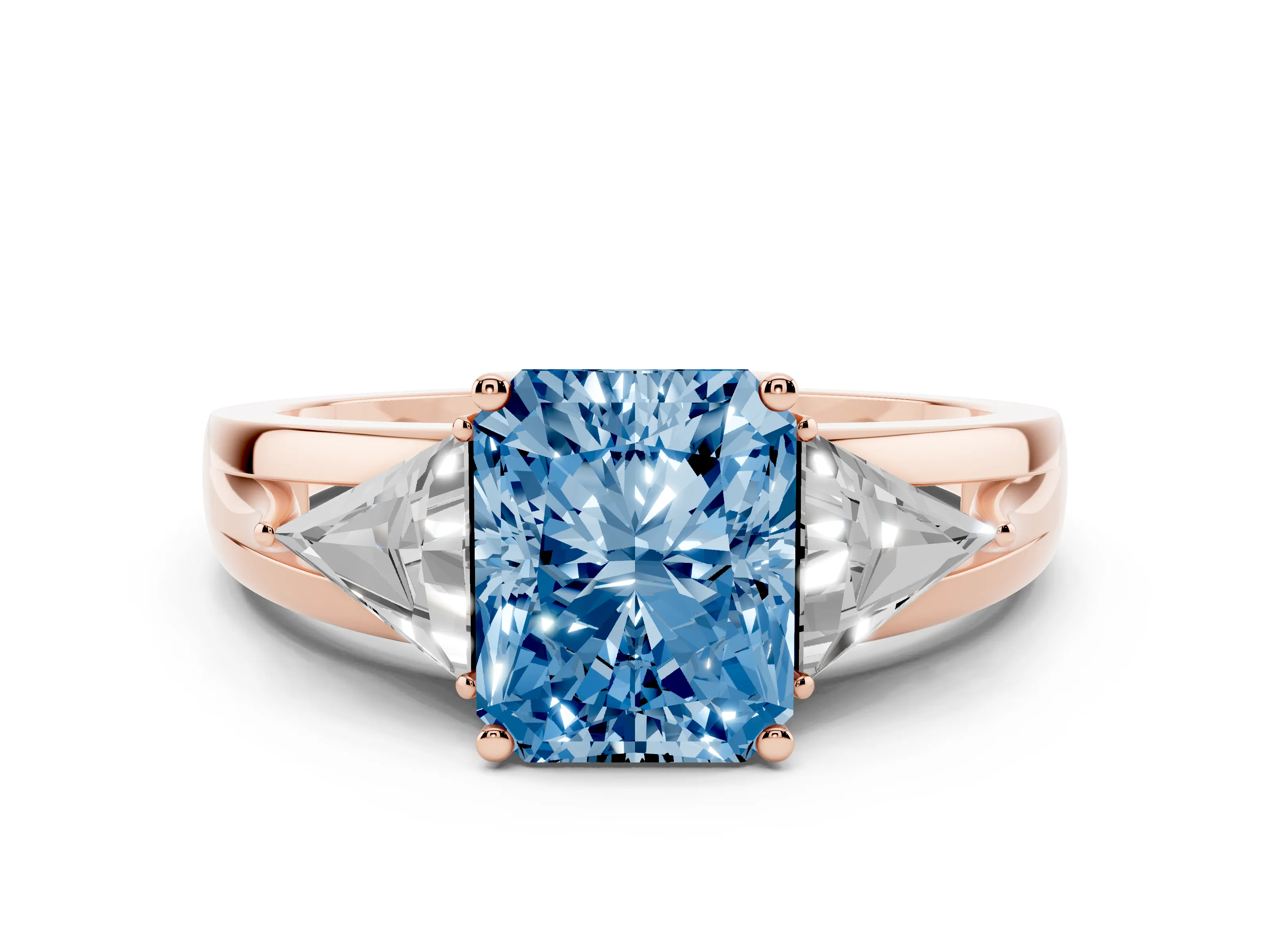 Fancy Blue Radiant Cut Diamond Three-Stone Ring Set in Rose gold with Trillion Side Stones and Split Shank
