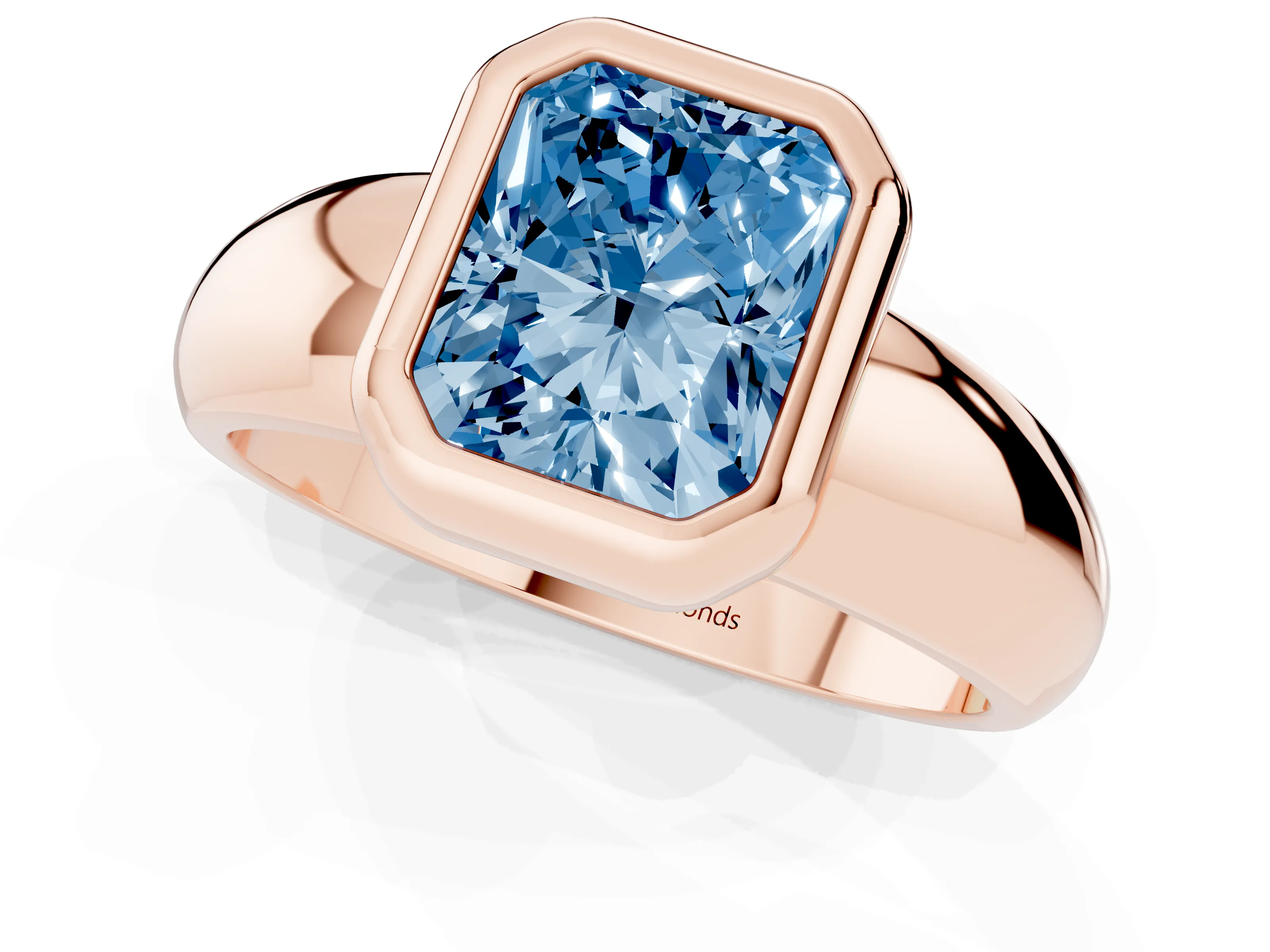 Fancy Blue Bezel Set Radiant Cut Diamond Solitaire Ring Set in Rose gold with Wide Band