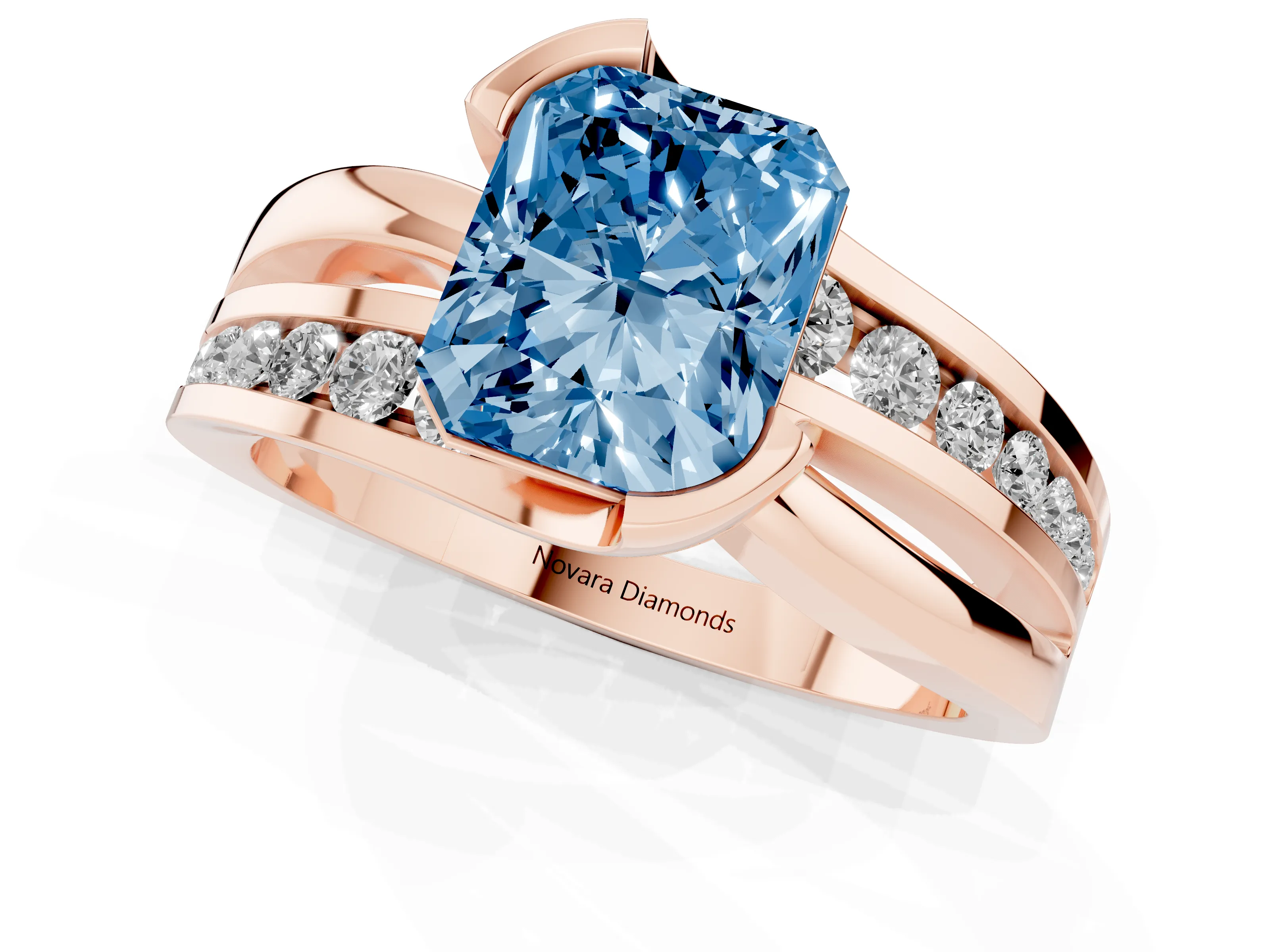 Fancy Blue Radiant Cut Diamond Solitaire Ring Set in Rose gold with Channel Set Split Shank and Tension Prongs