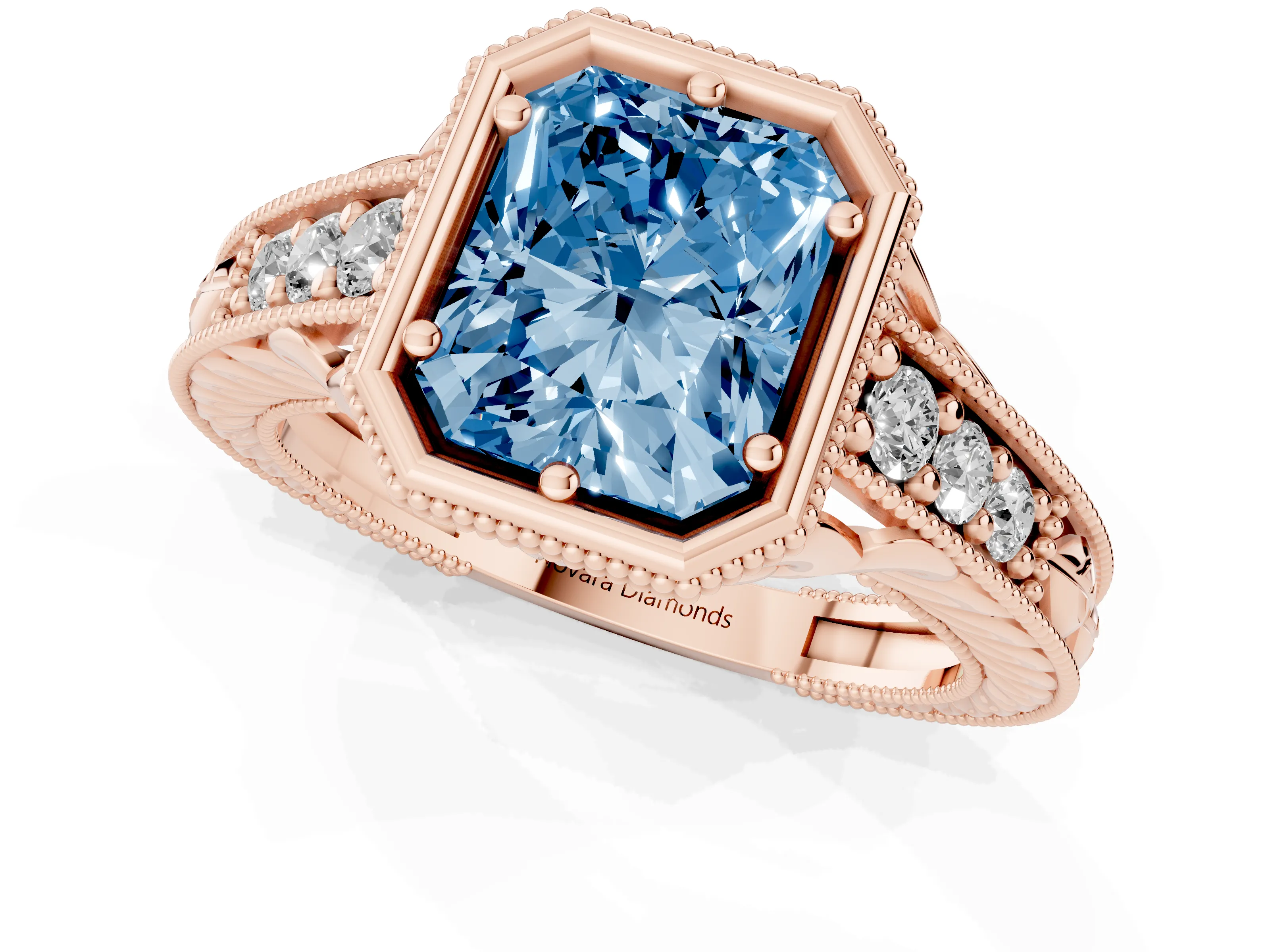Fancy Blue Bezel Set Radiant Cut Diamond Milgrain Pavé Engagement Ring Set in Rose gold