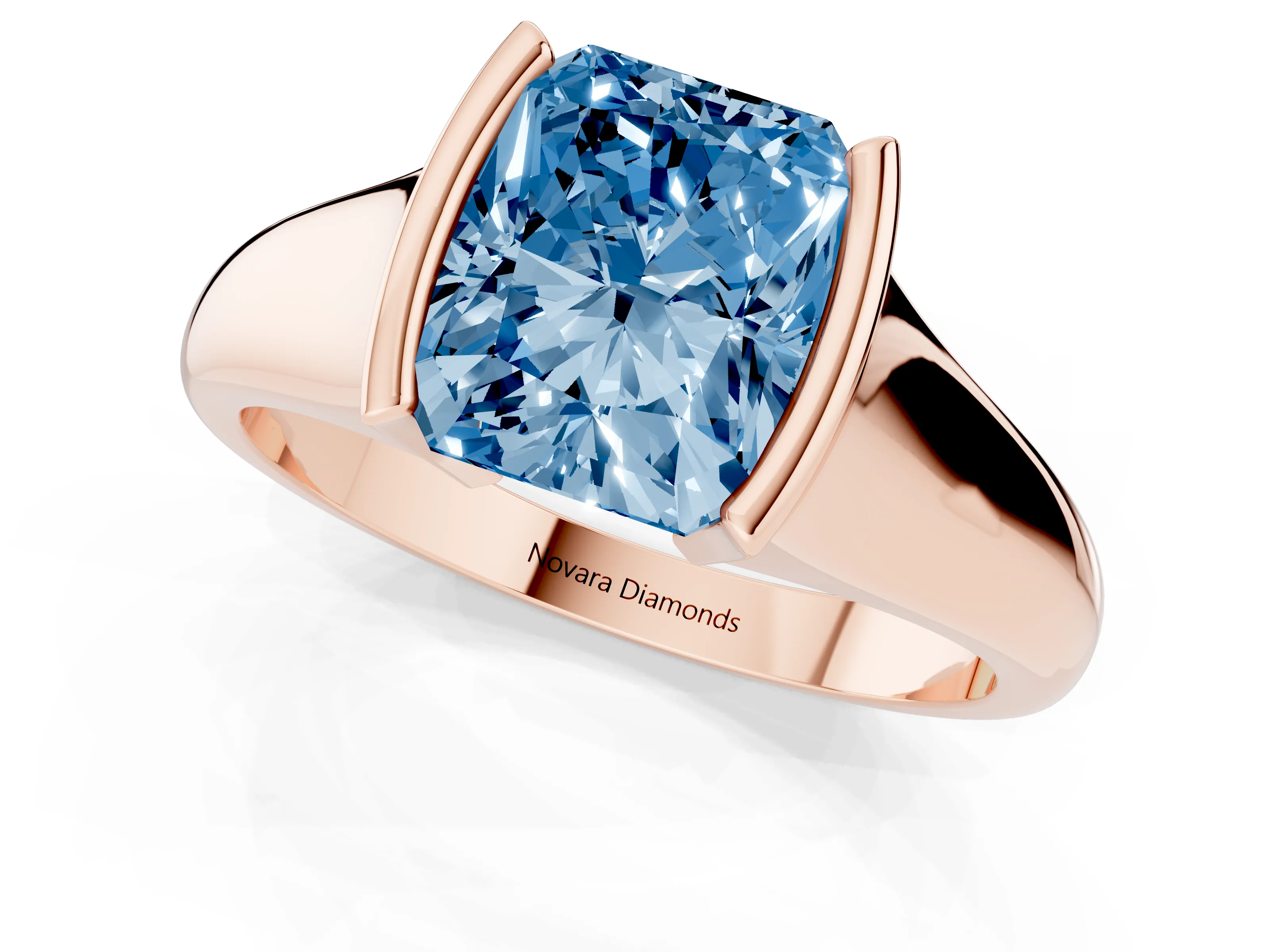 Fancy Blue Radiant Cut Diamond Solitaire Tension Set Ring Set in Rose gold with Split Shank Band
