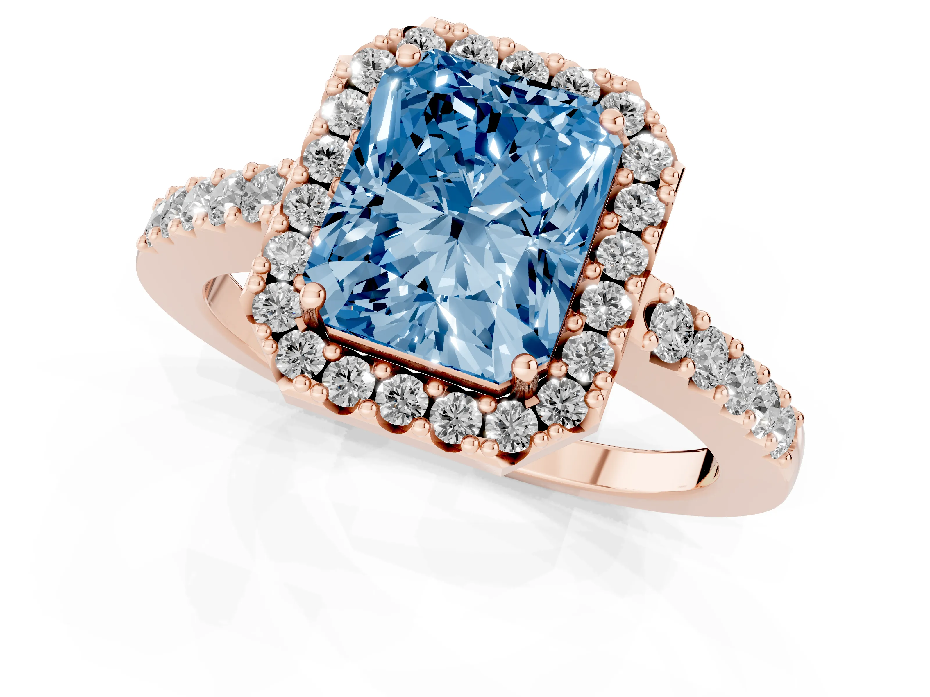 Fancy Blue Radiant Cut Diamond Halo Pavé Solitaire Ring Set in Rose gold with Prong-Set Center Stone