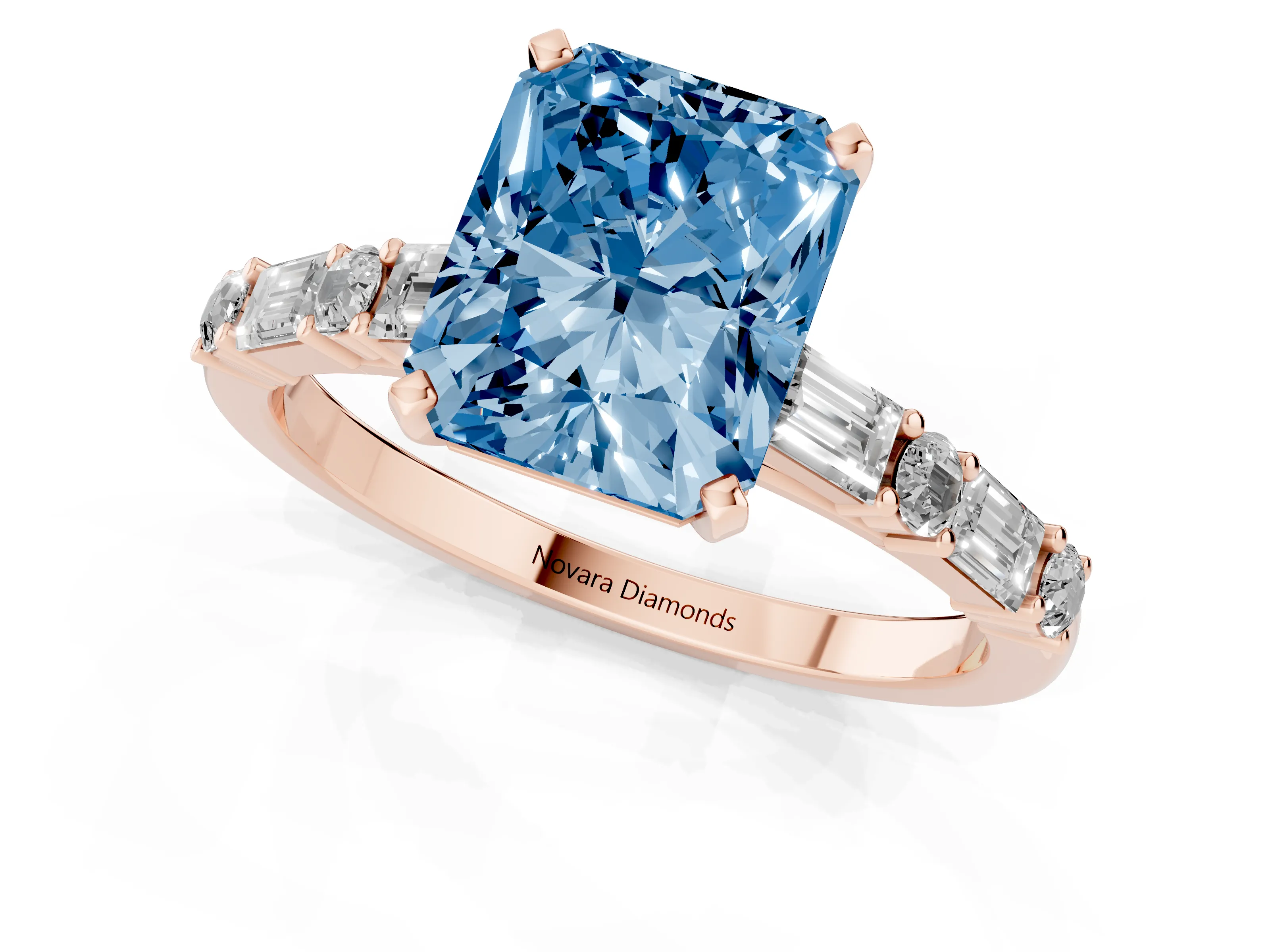 Fancy Blue Radiant Cut Diamond Solitaire Set in Rose gold with Side Baguettes and Channel Set Band