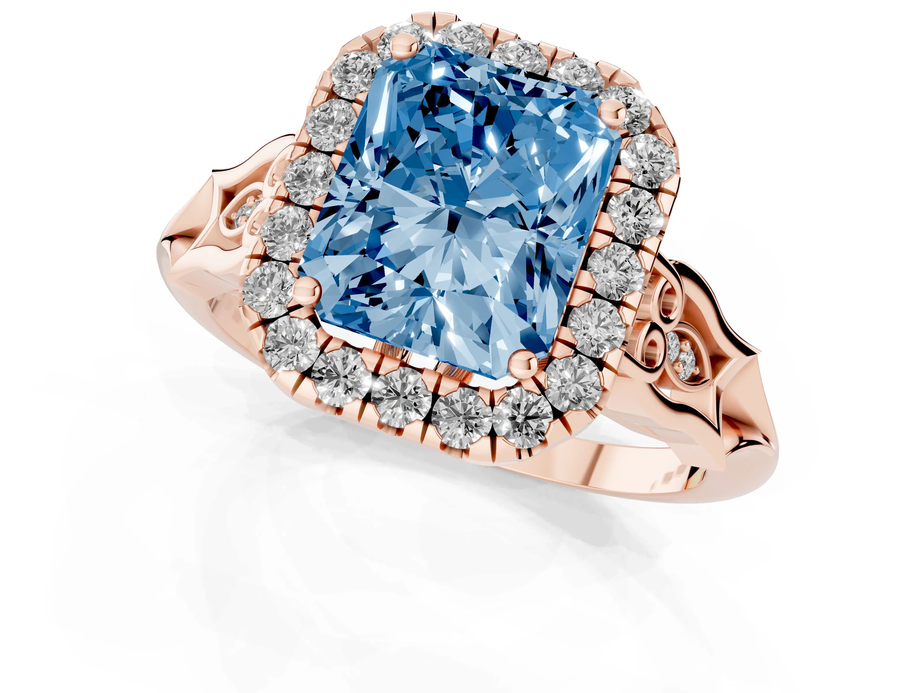 Fancy Blue Radiant Cut Diamond Halo Engagement Ring Set in Rose gold with Filigree Band and Prong-Set Center