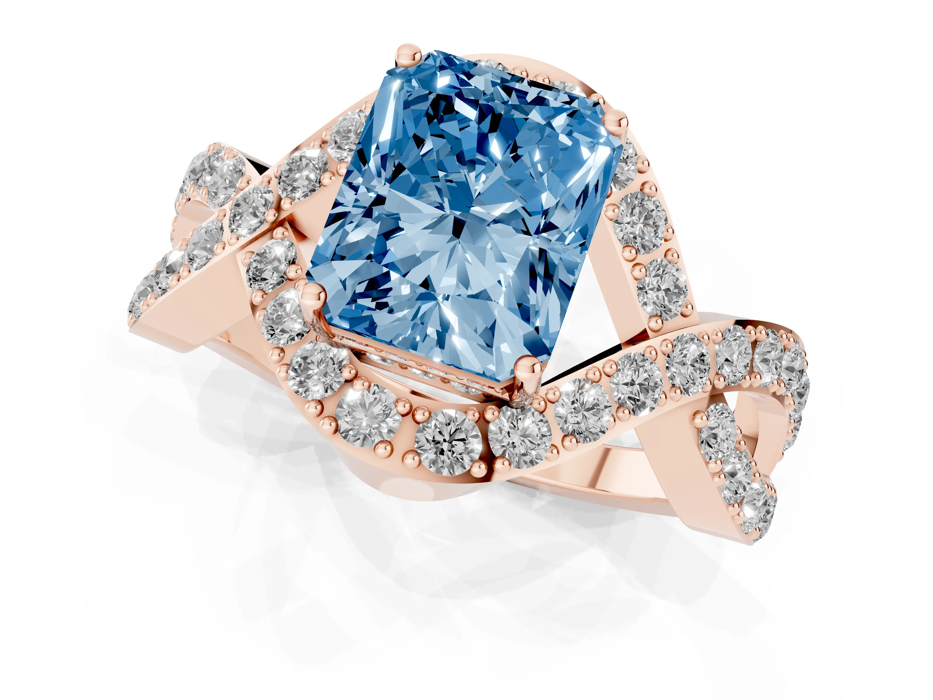 Fancy Blue Radiant Cut Diamond Solitaire Twist Band Pavé Engagement Ring Set in Rose gold