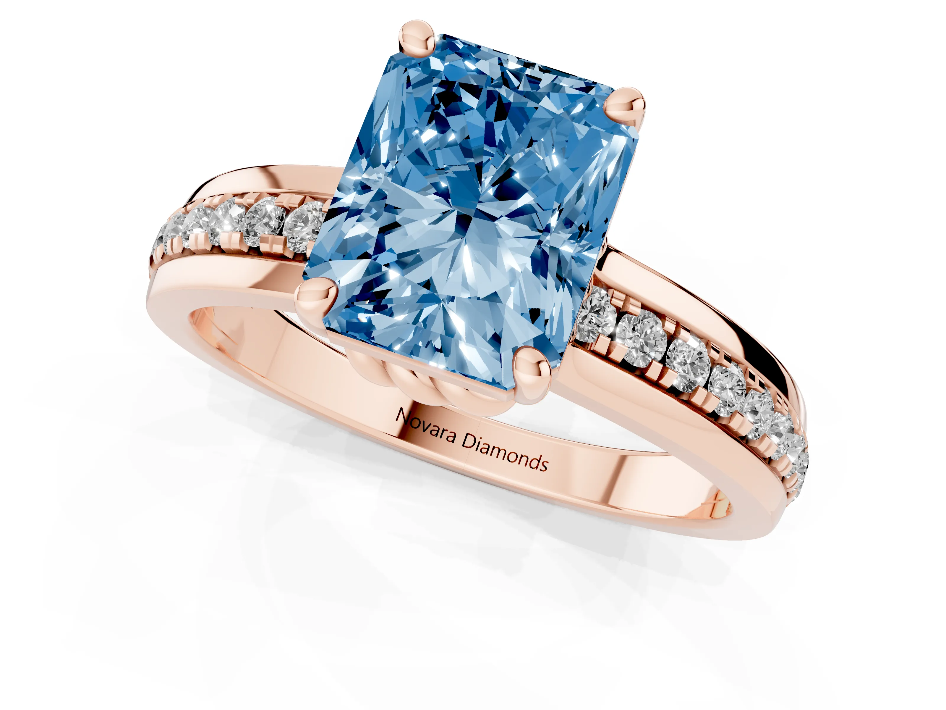 Fancy Blue Radiant Cut Diamond Solitaire Ring Set in Rose gold with Channel Set Band and Prong Setting