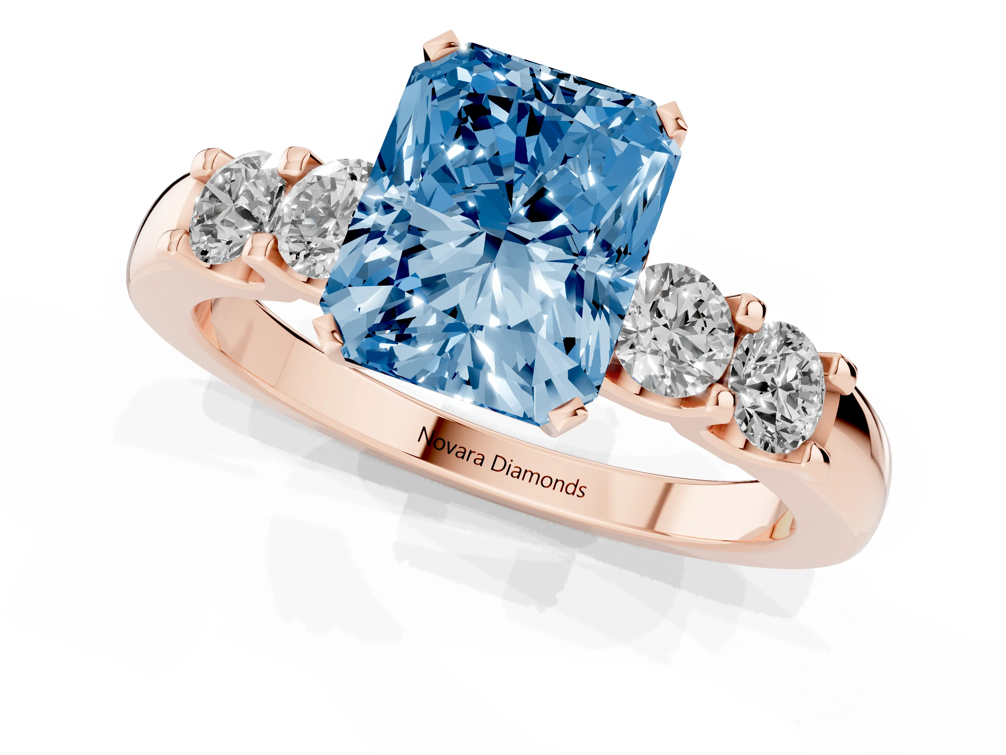 Fancy Blue Radiant Cut Diamond Five-Stone Prong Set Engagement Ring Set in Rose gold with Channel Band