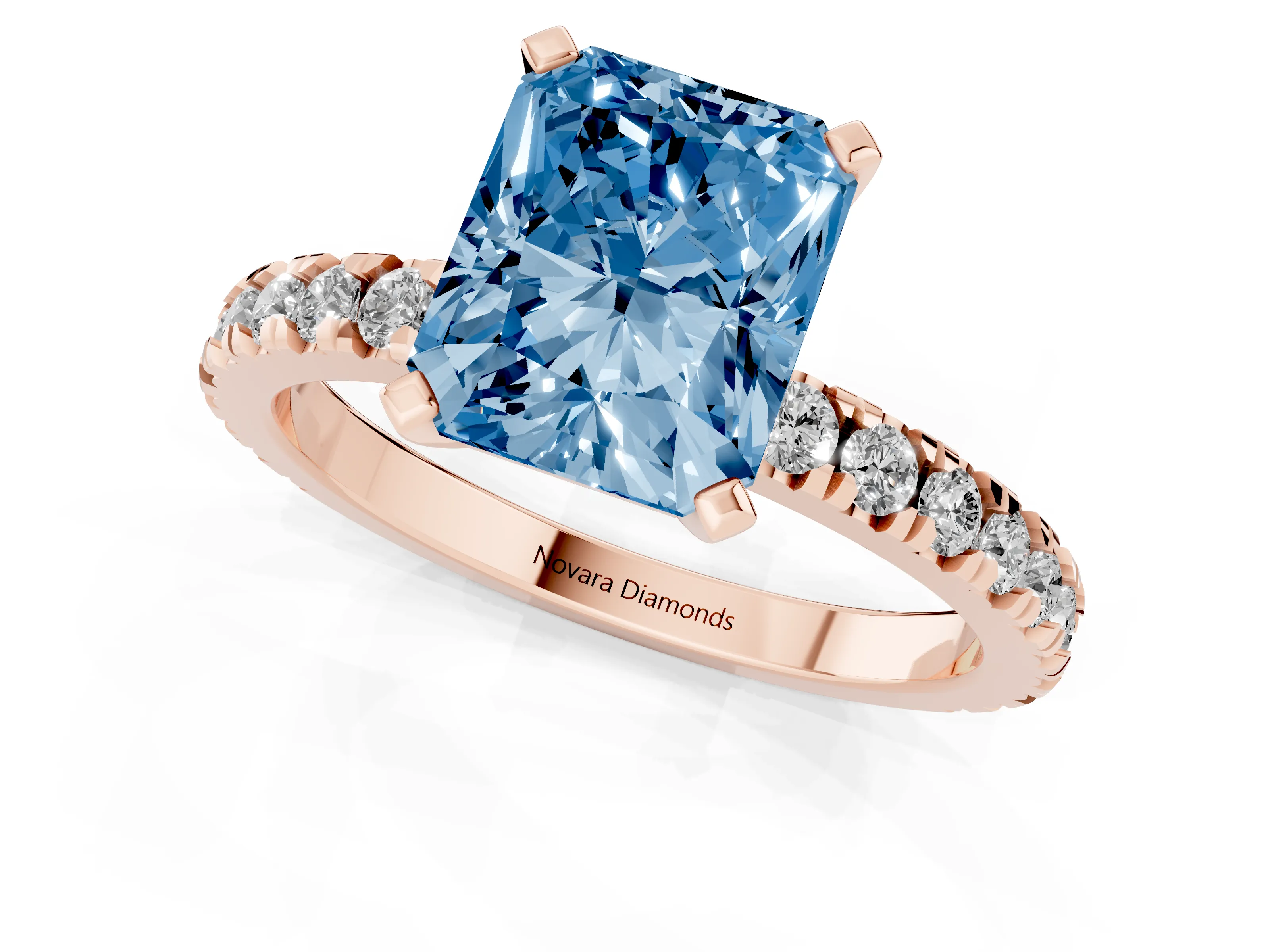 Fancy Blue Radiant Cut Diamond Pavé Band Solitaire Set in Rose gold with Prong Setting