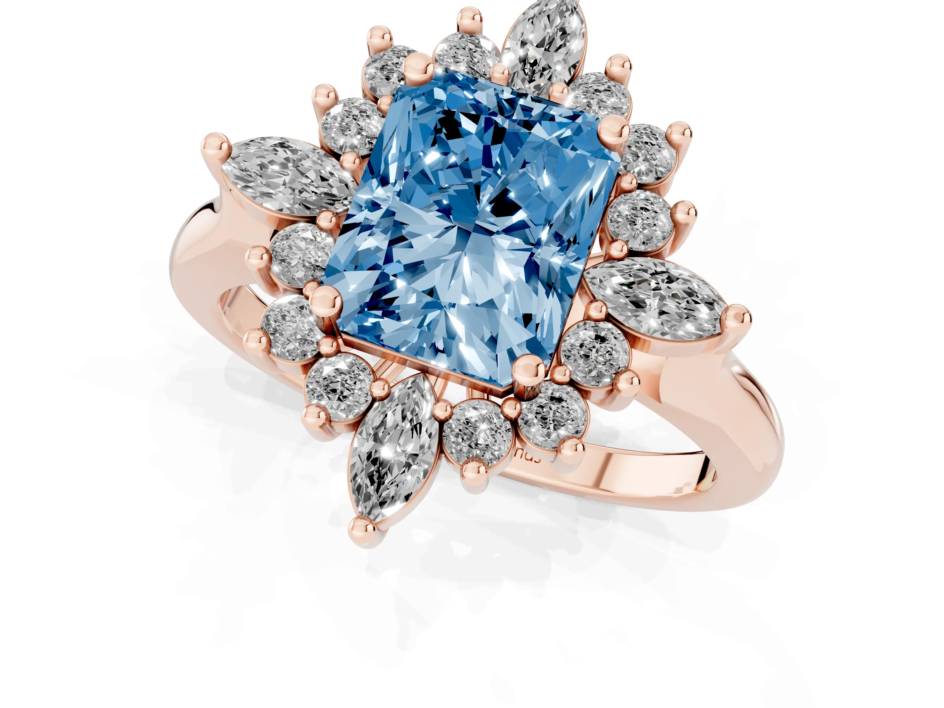 Fancy Blue Radiant Cut Diamond Cluster Halo Ring Set in Rose gold with Marquise and Round Accents