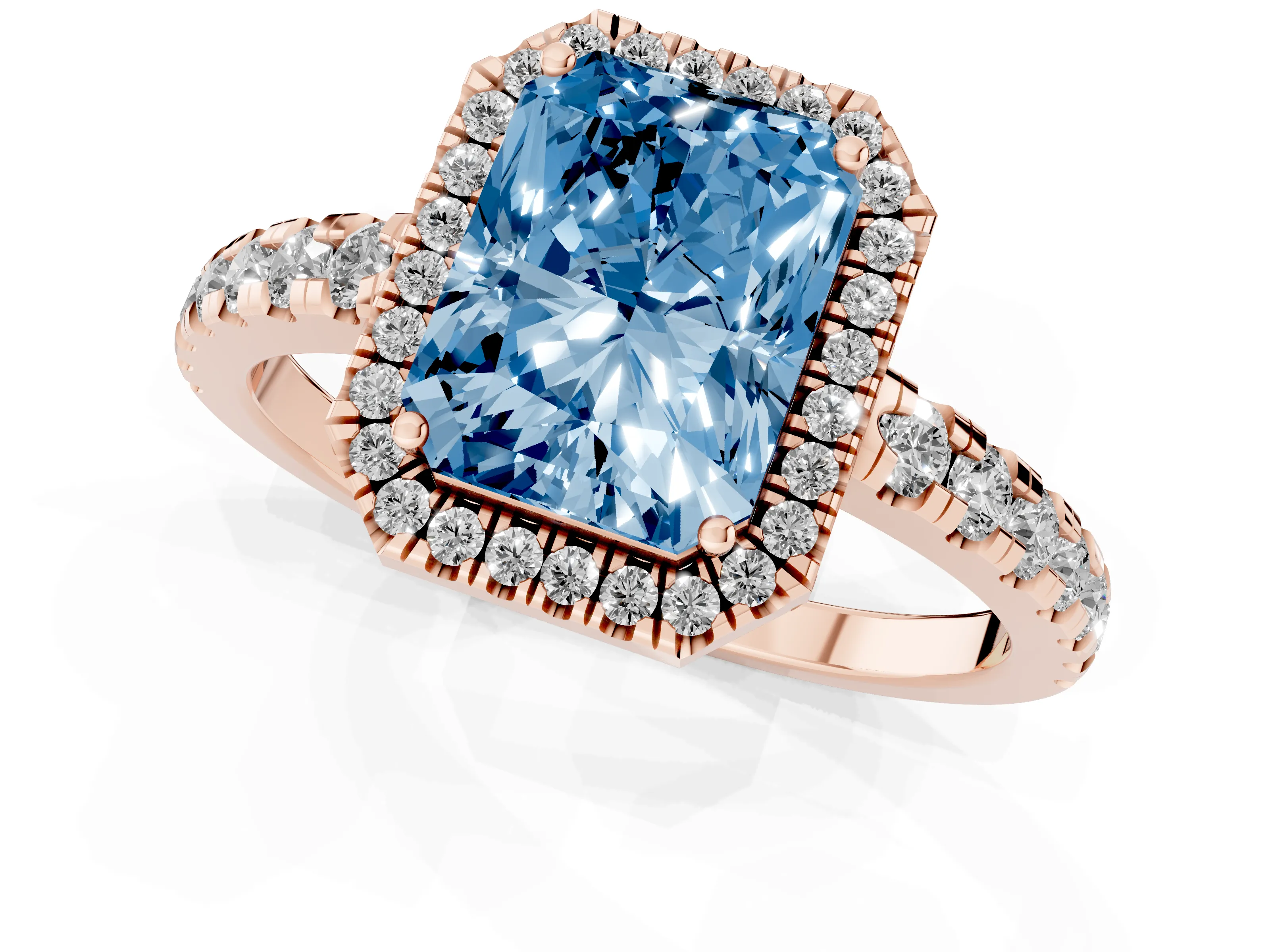 Fancy Blue Radiant Cut Diamond Halo Ring Set in Rose gold with Delicate Pavé Band and Prong Setting