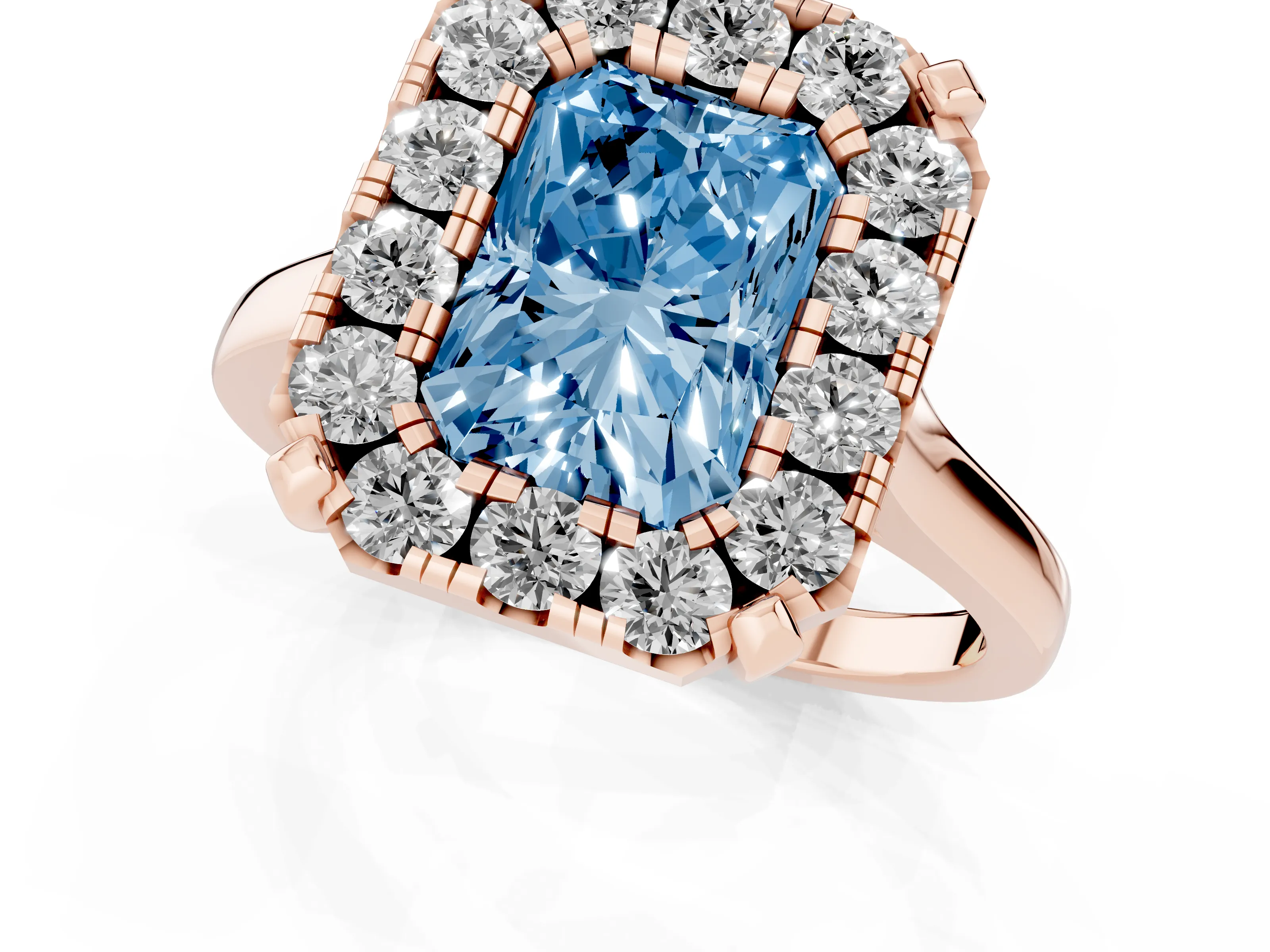 Fancy Blue Radiant Cut Diamond Cluster Halo Solitaire Ring Set in Rose gold with Prong Setting