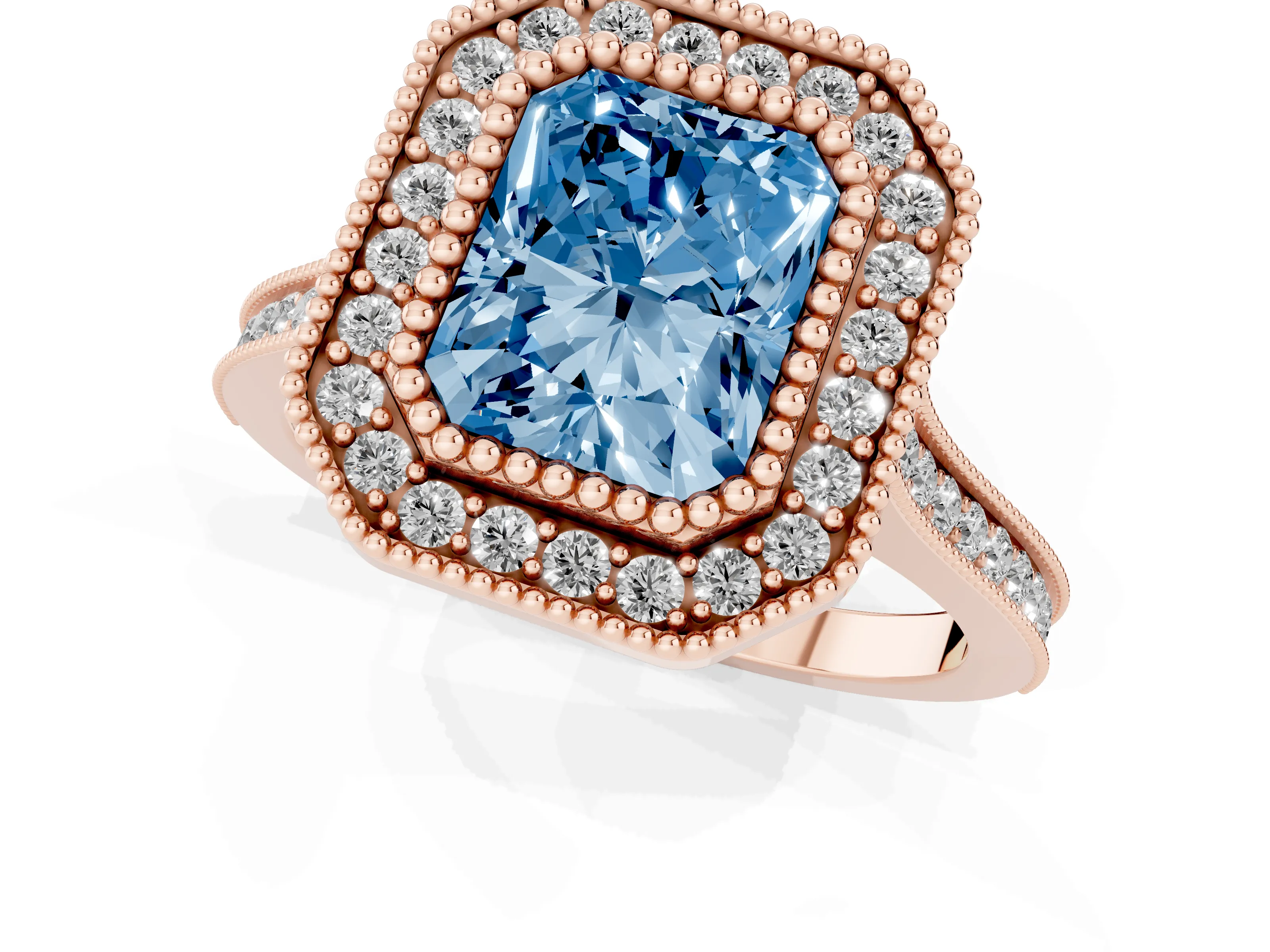 Fancy Blue Radiant Cut Diamond Halo Ring Set in Rose gold with Milgrain Frame and Pavé Band