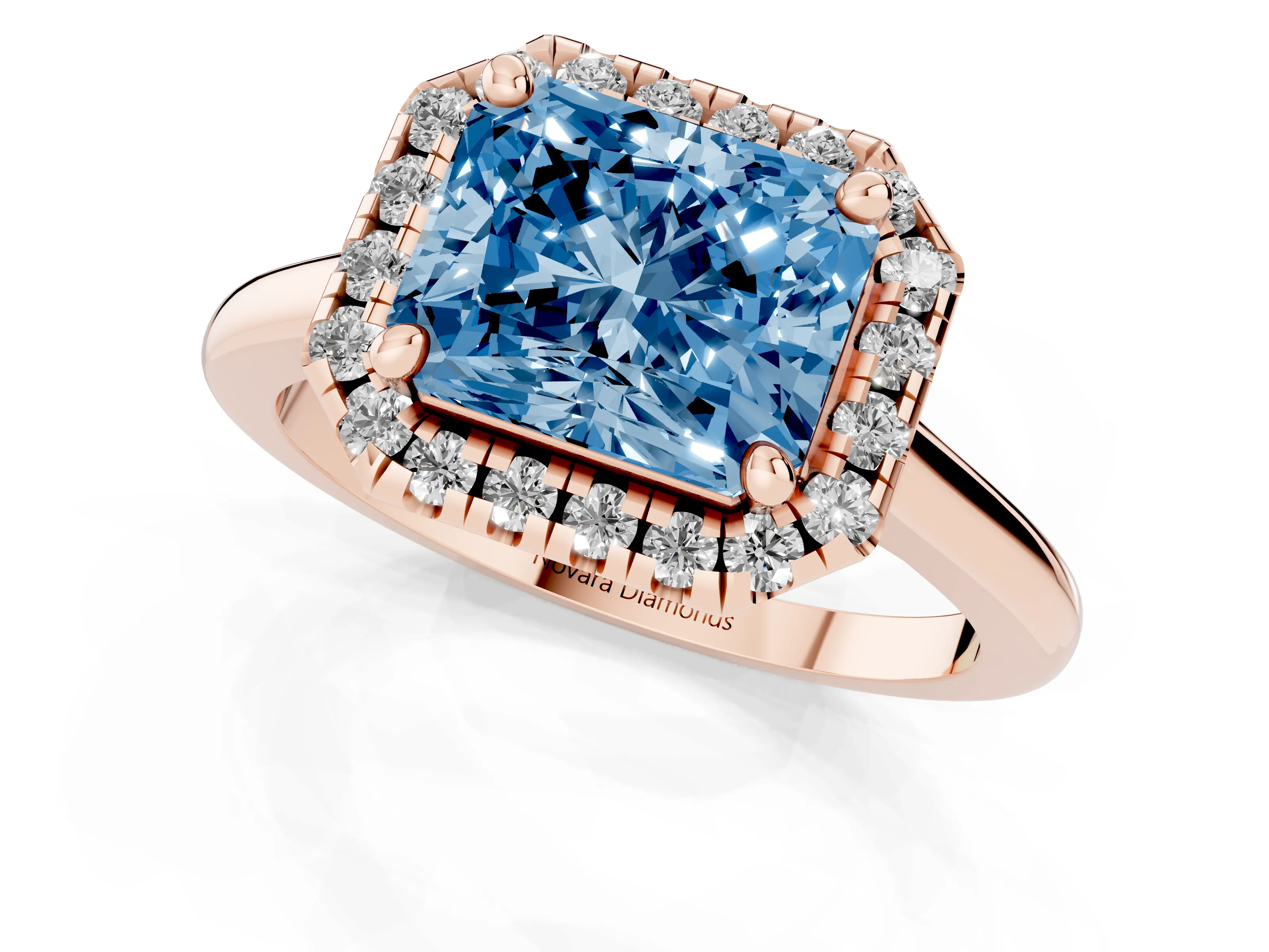Fancy Blue Radiant Cut Diamond Halo Engagement Ring Set in Rose gold with Pavé Band and Rising Shoulders
