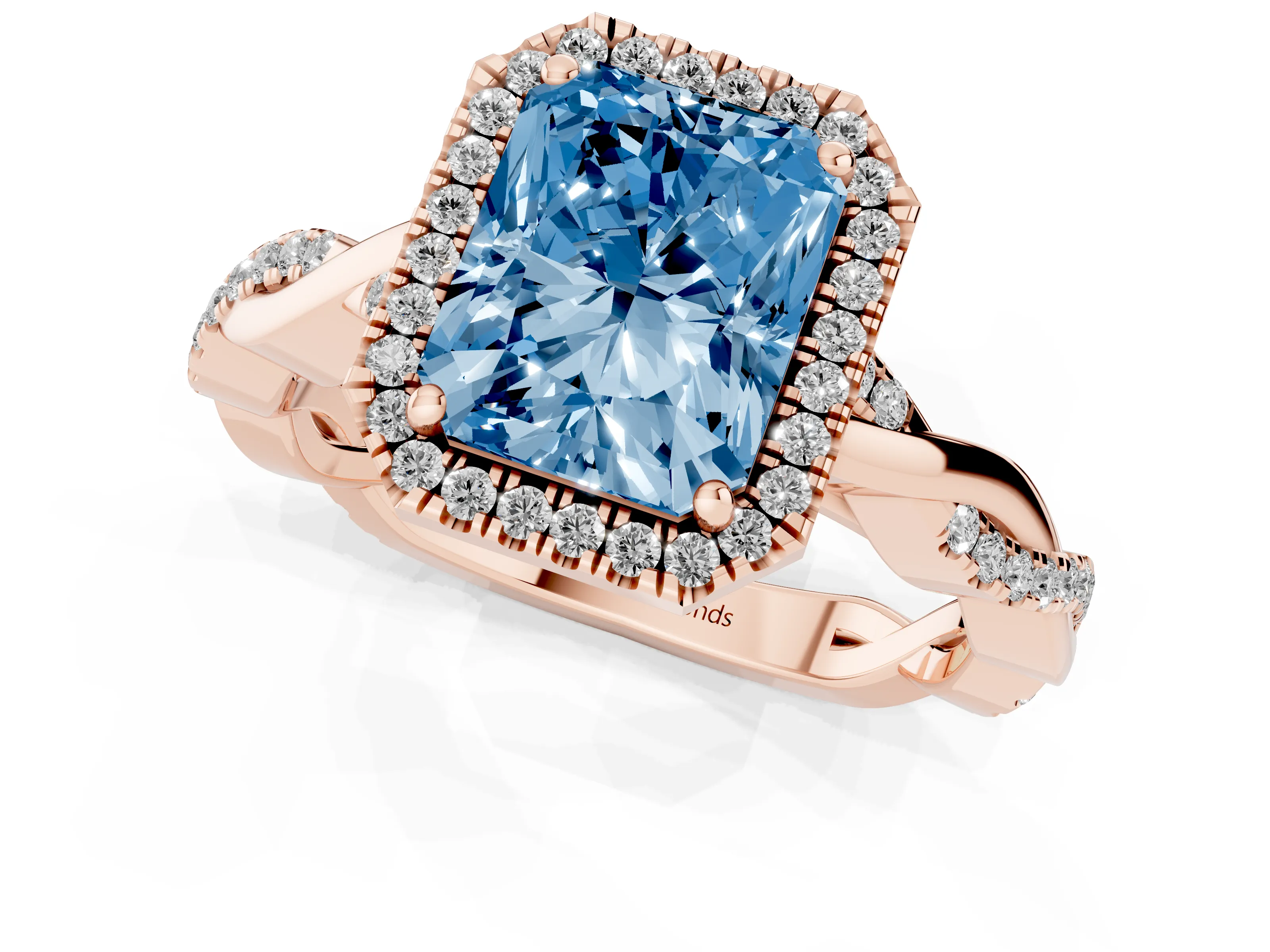Fancy Blue Radiant Cut Diamond Halo Twisted Band Ring Set in Rose gold with Prong Setting