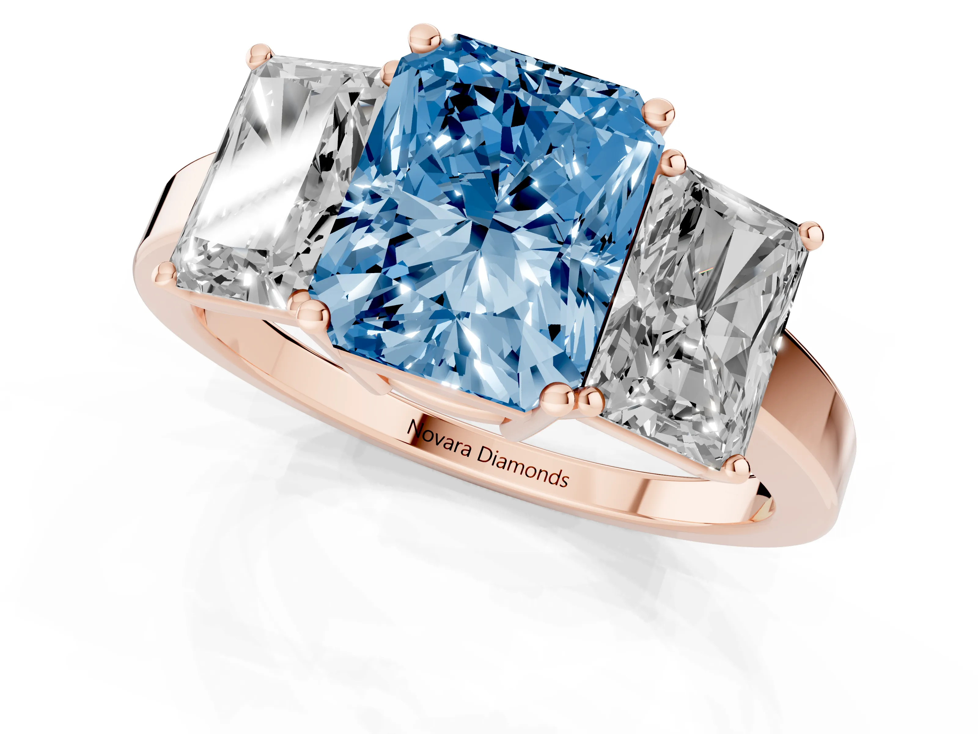 Fancy Blue Radiant Cut Diamond Three-Stone Engagement Ring Set in Rose gold with Flat Band
