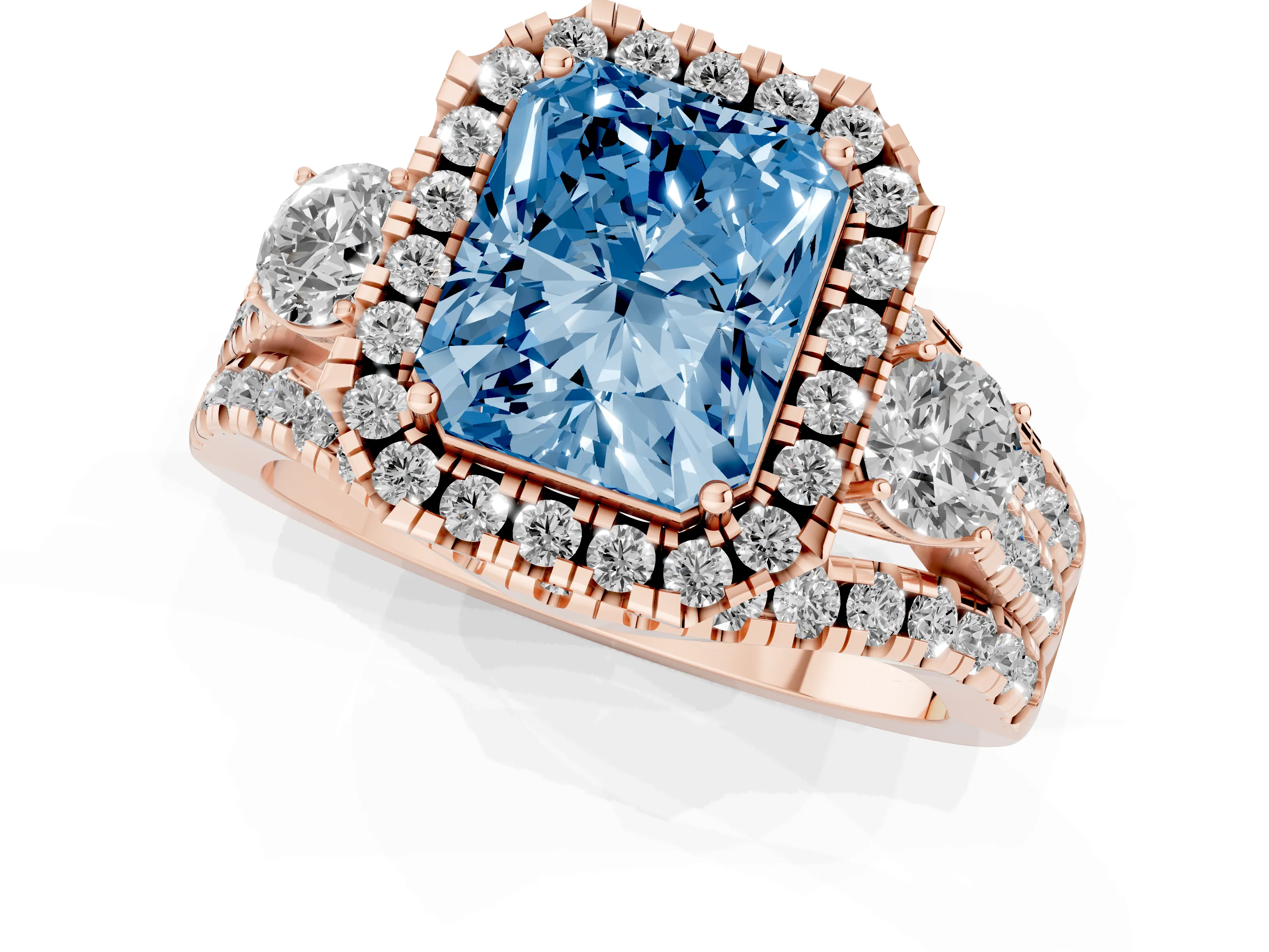 Fancy Blue Radiant Cut Diamond Halo Split Shank Ring Set in Rose gold with Round Accent Stones and Prong Setting