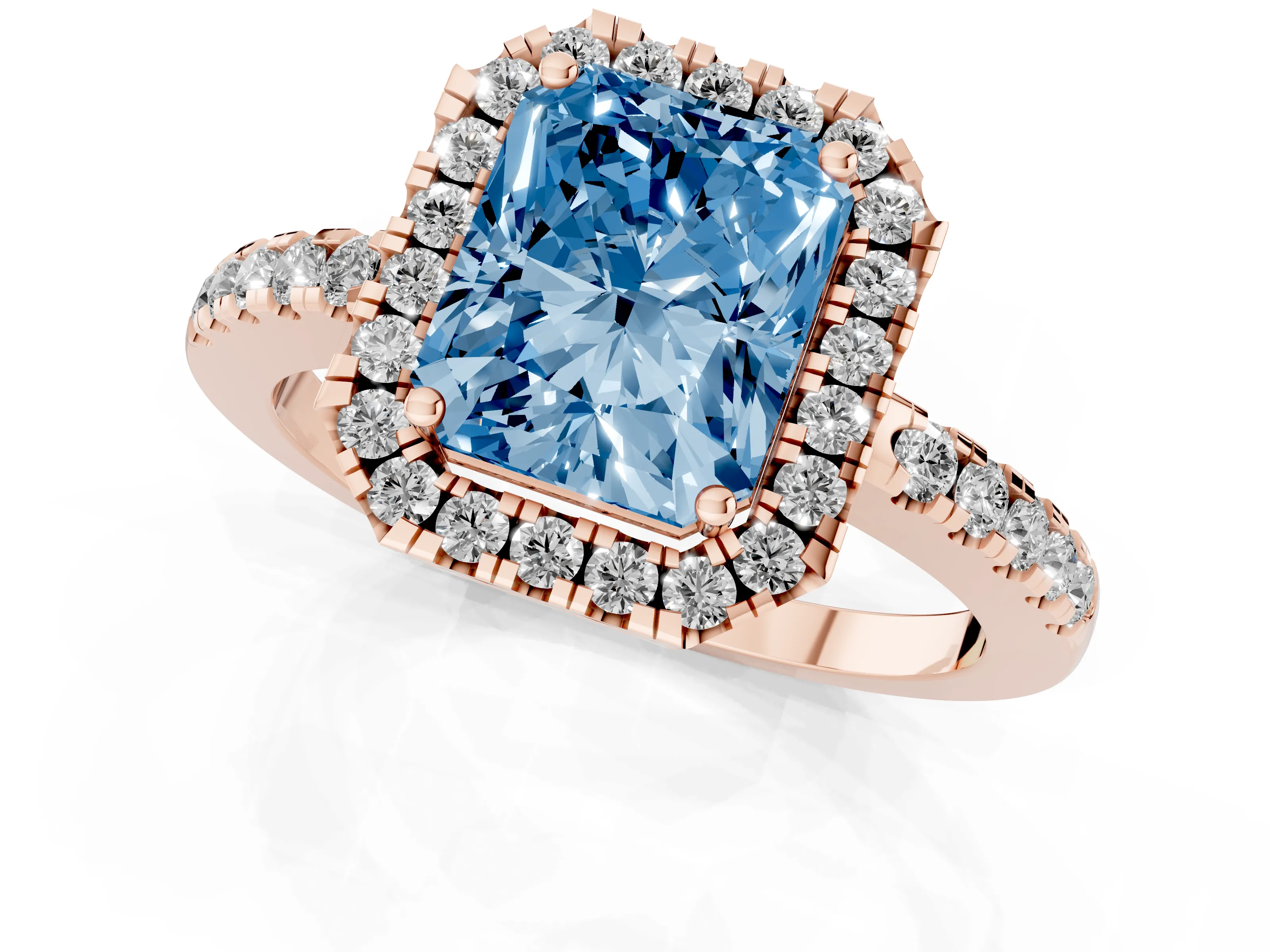 Fancy Blue Radiant Cut Diamond Pavé Band Halo Engagement Ring Set in Rose gold with Prong Setting