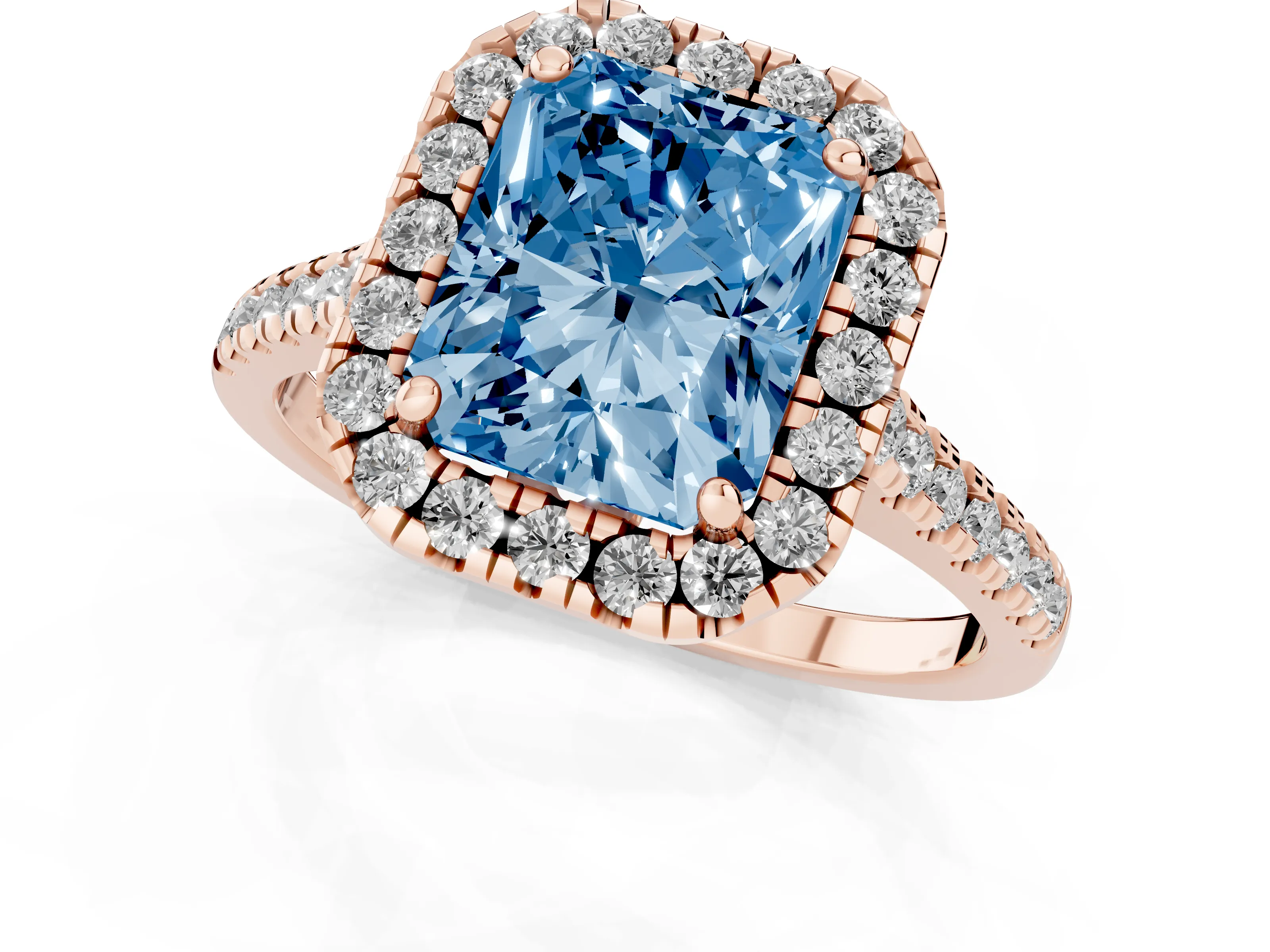 Fancy Blue Radiant Cut Diamond Cushion Halo Ring Set in Rose gold with Pavé Band