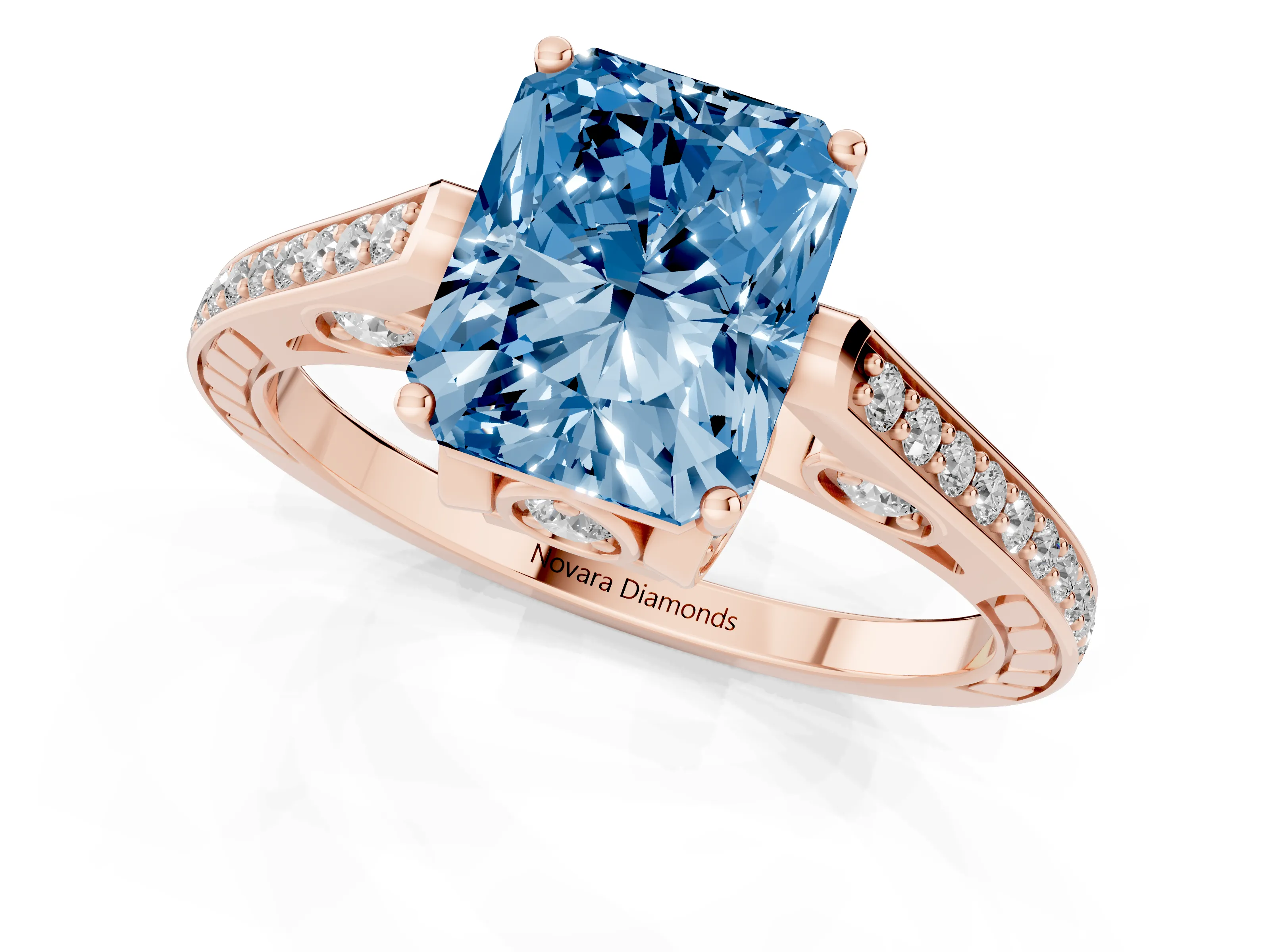 Fancy Blue Radiant Cut Diamond Cathedral Pavé Engagement Ring Set in Rose gold with Prong Setting