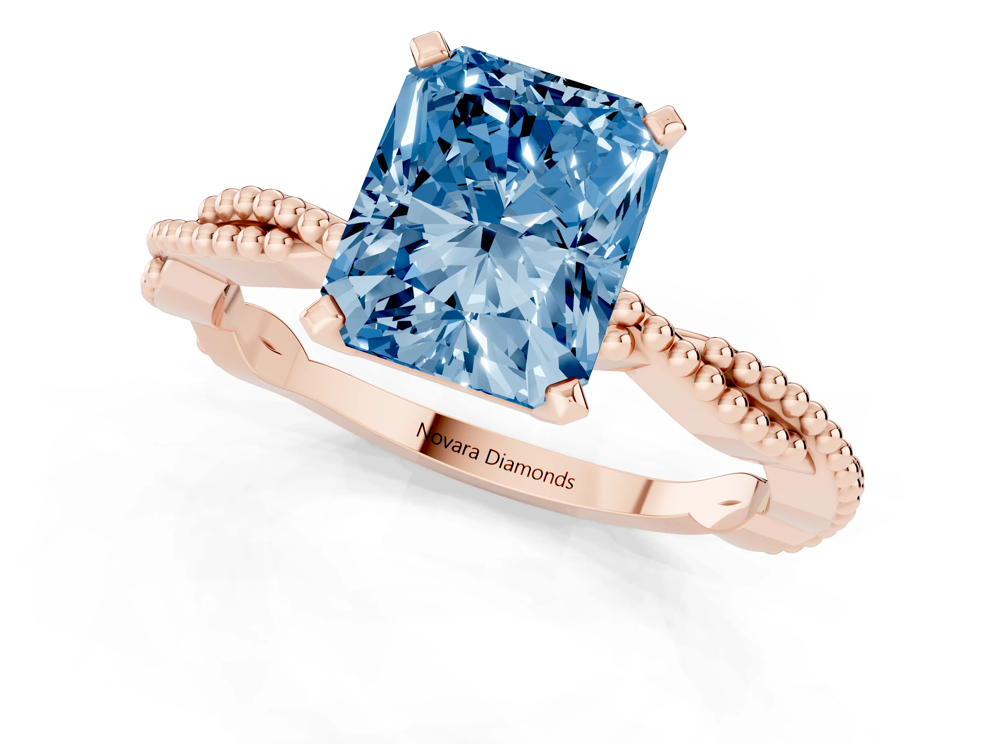 Fancy Blue Radiant Cut Diamond Solitaire Ring Set in Rose gold with Twisted Band and Bead Prong Setting
