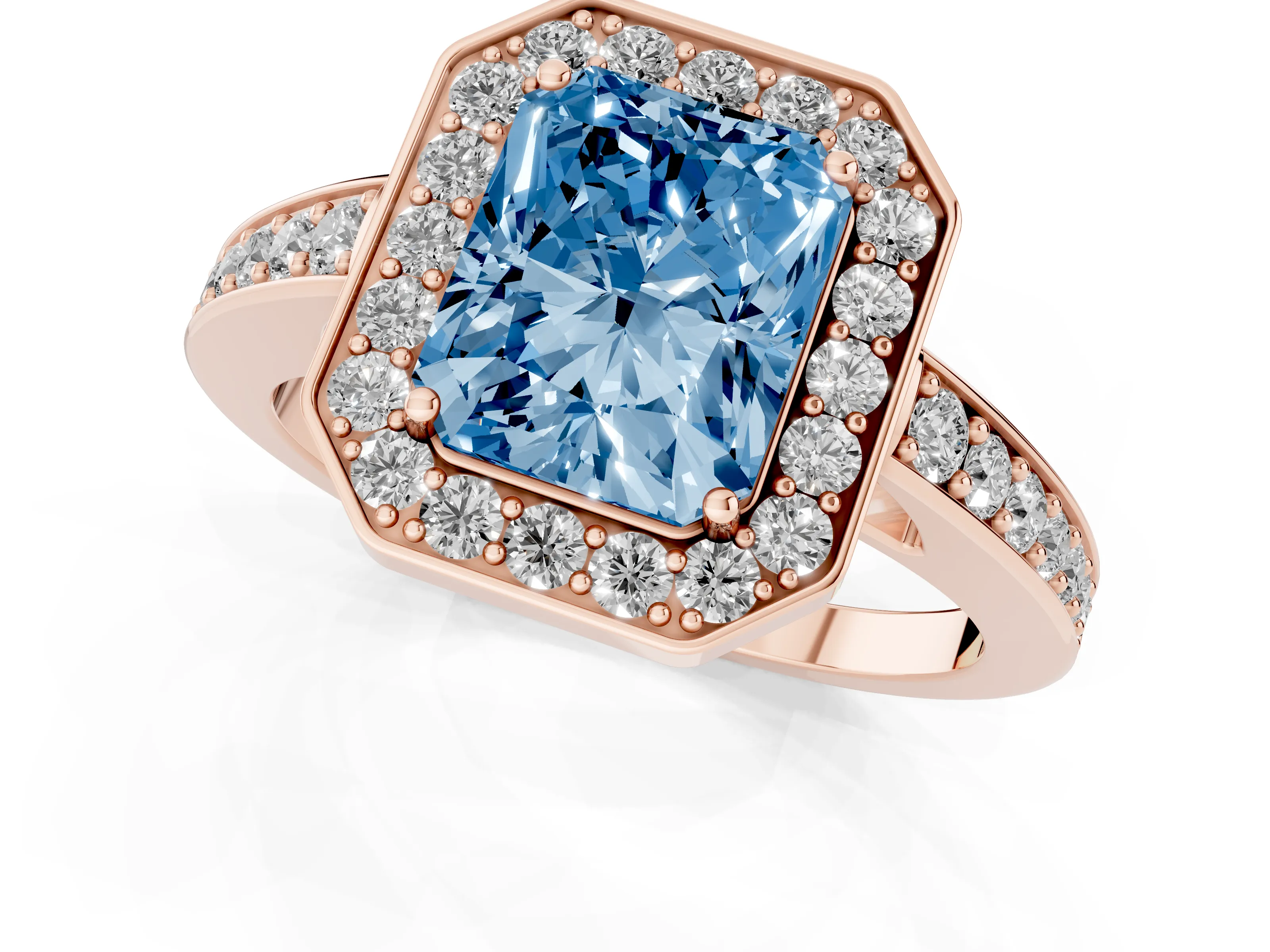 Fancy Blue Radiant Cut Diamond Halo Pavé Engagement Ring Set in Rose gold with Bezel Setting