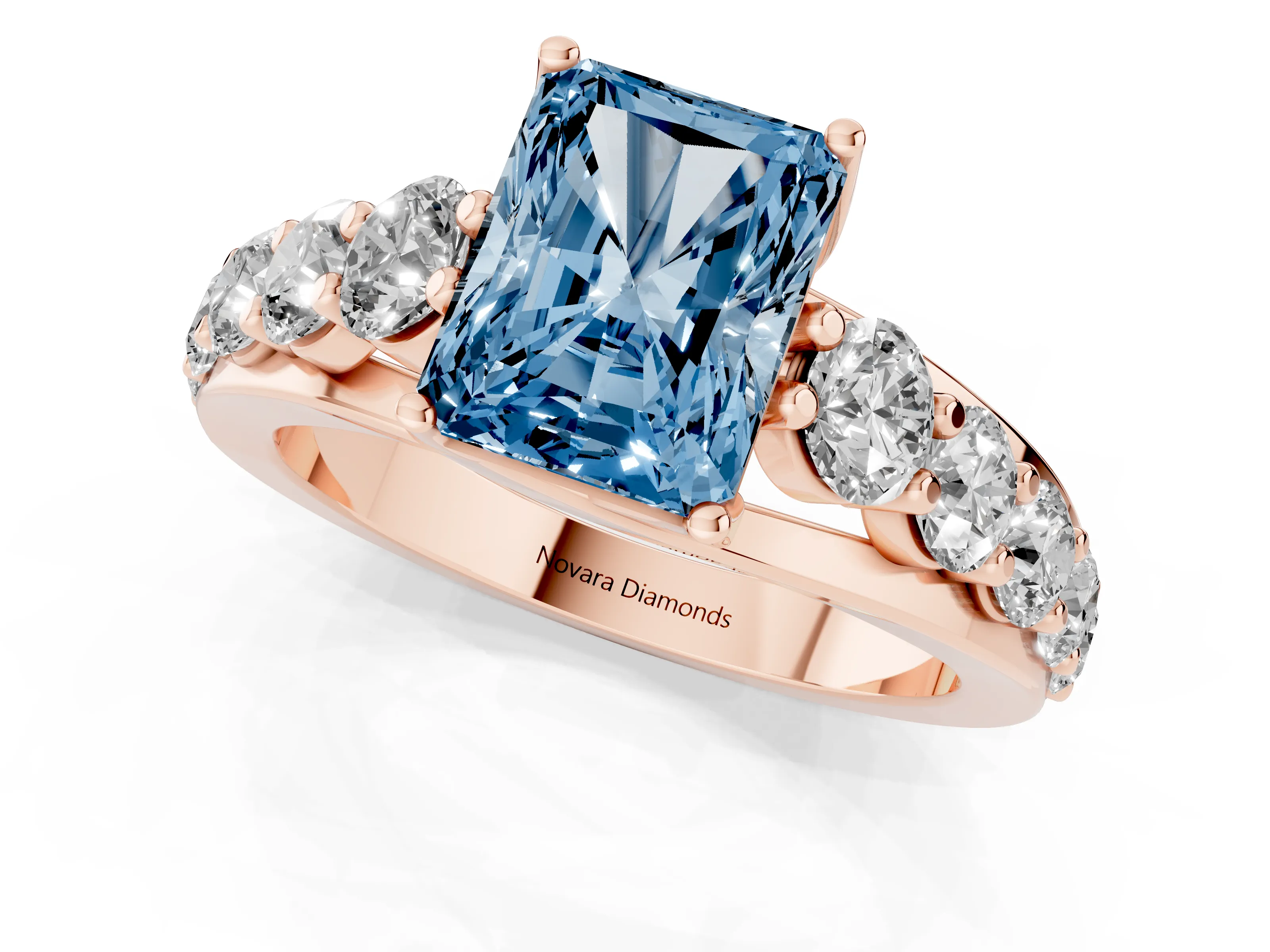 Fancy Blue Radiant Cut Diamond Pavé Engagement Ring Set in Rose gold with Prong Setting