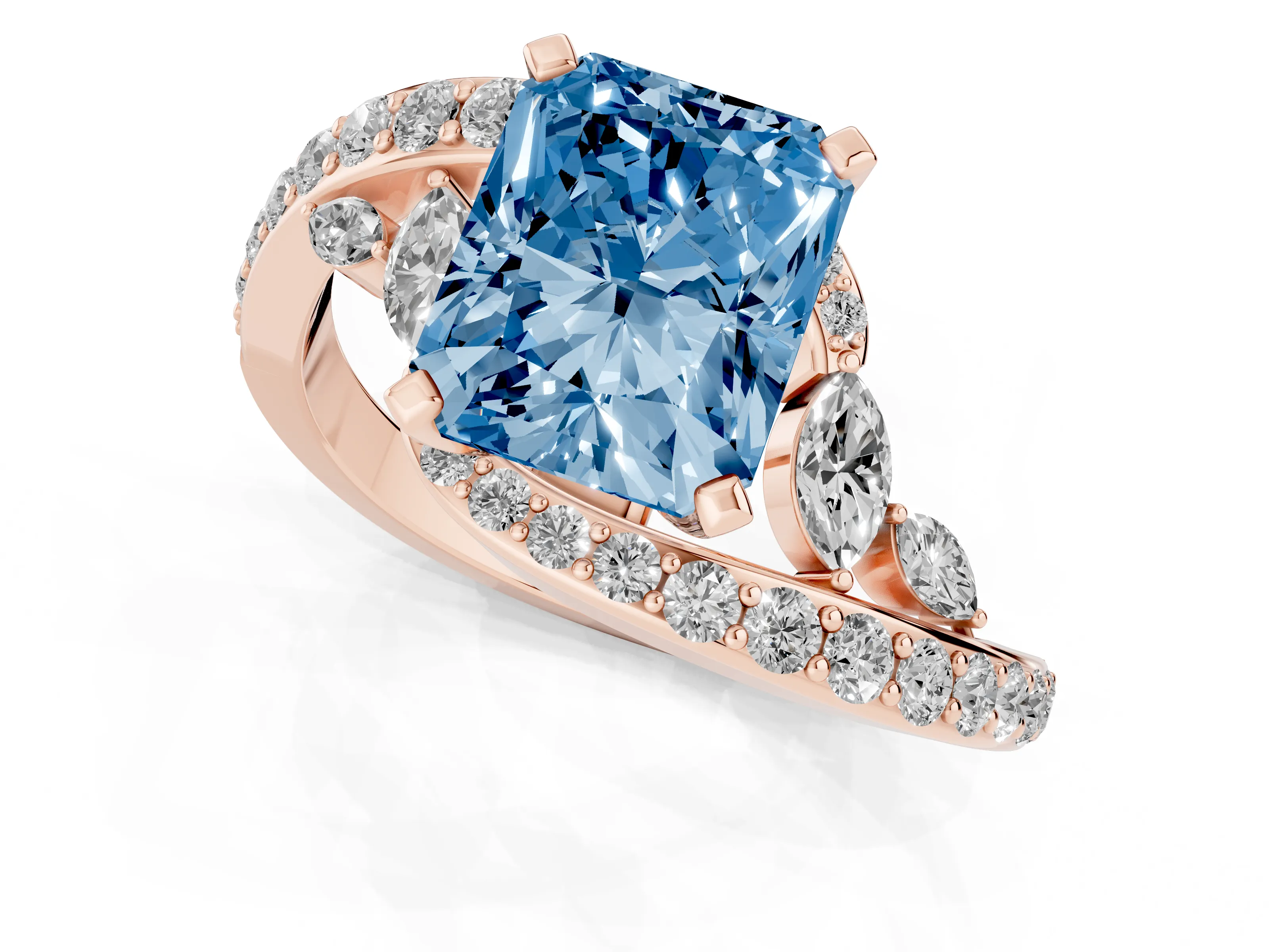 Fancy Blue Radiant Cut Diamond Solitaire Ring Set in Rose gold with Pavé Twist Band and Secure Prong Setting