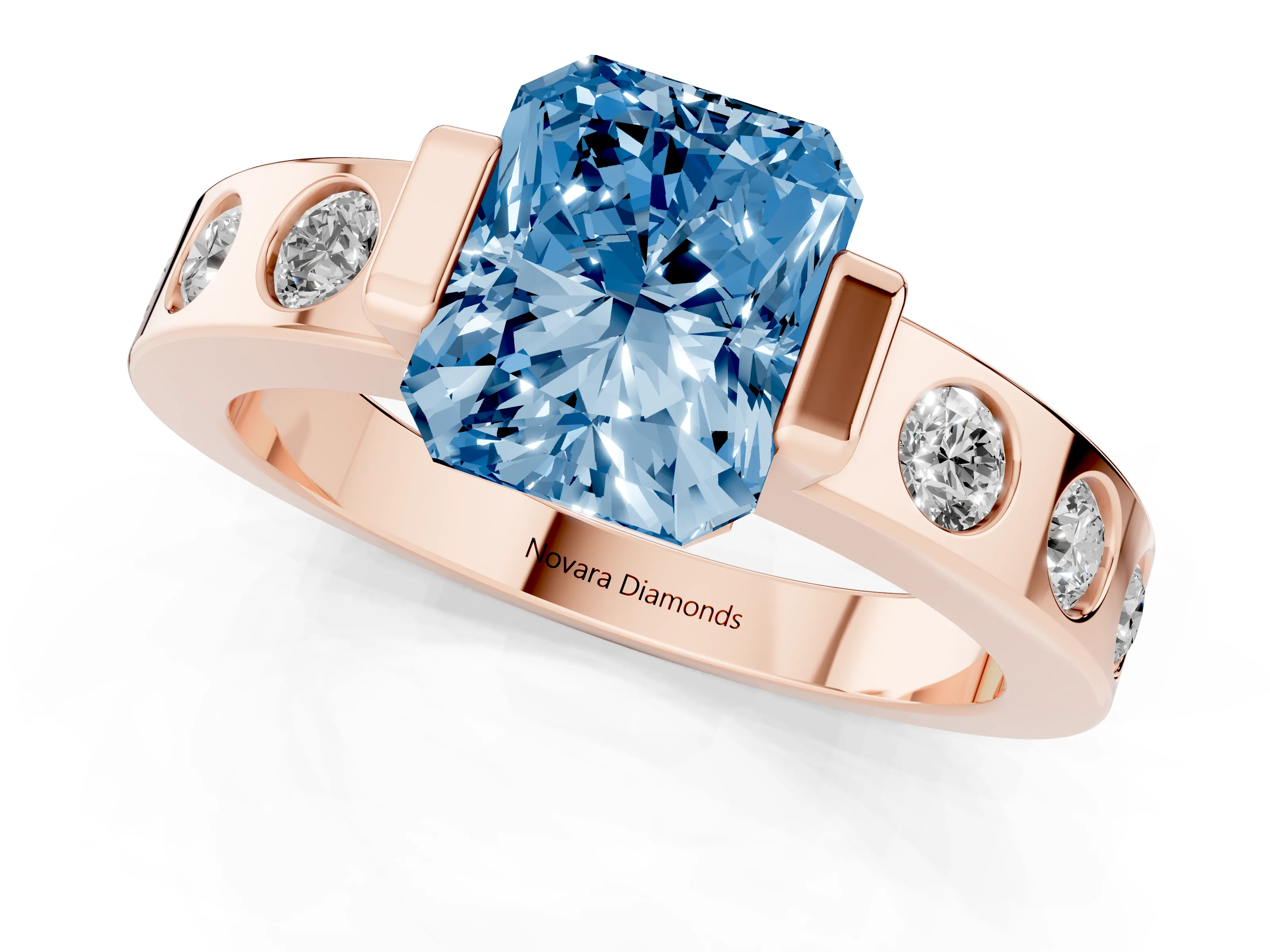 Fancy Blue Radiant Cut Diamond Channel-Set Band Ring Set in Rose gold with Bezel Prong Setting