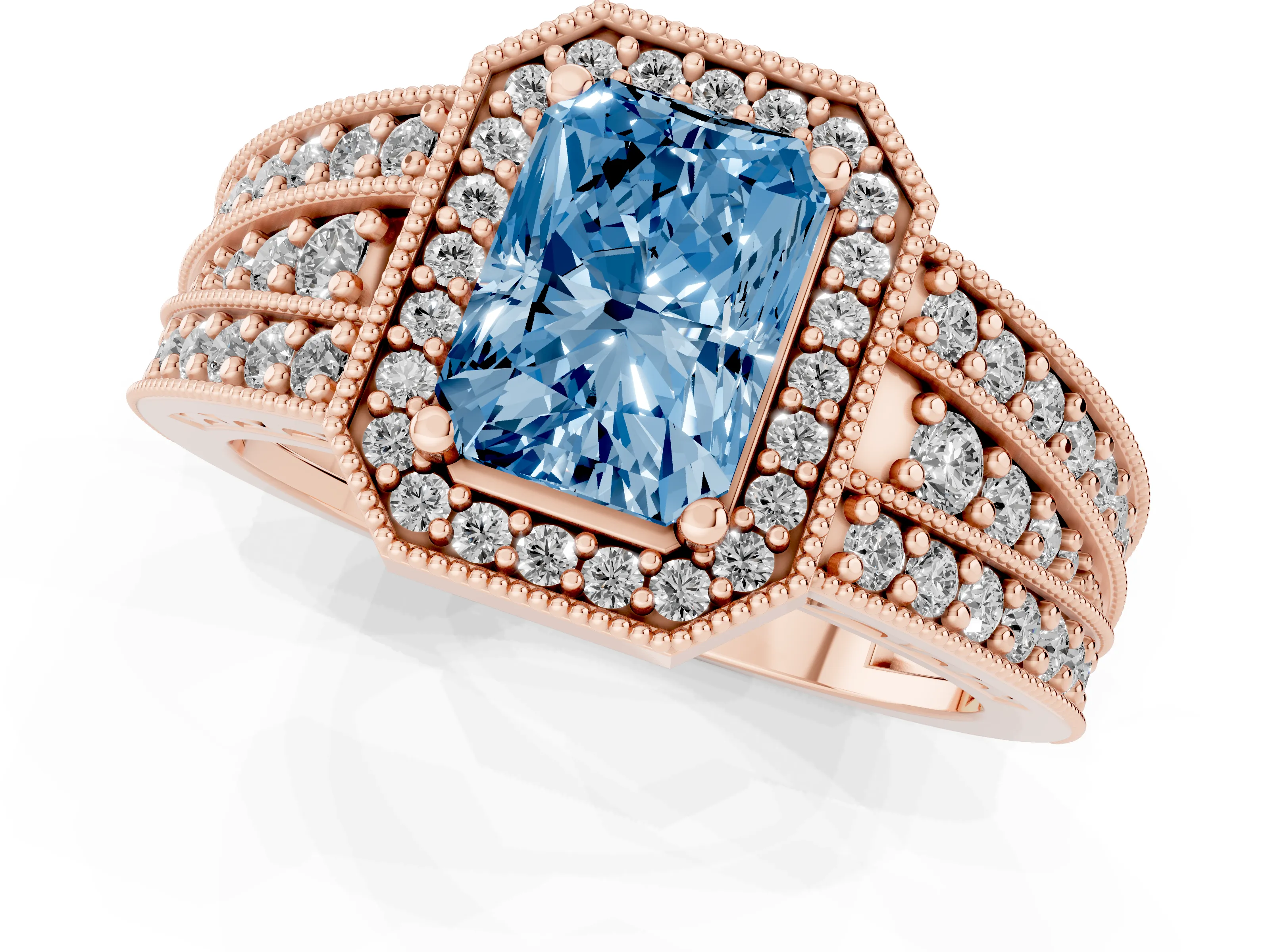 Fancy Blue Radiant Cut Diamond Halo Ring Set in Rose gold with Accent Split Shank and Prong Setting