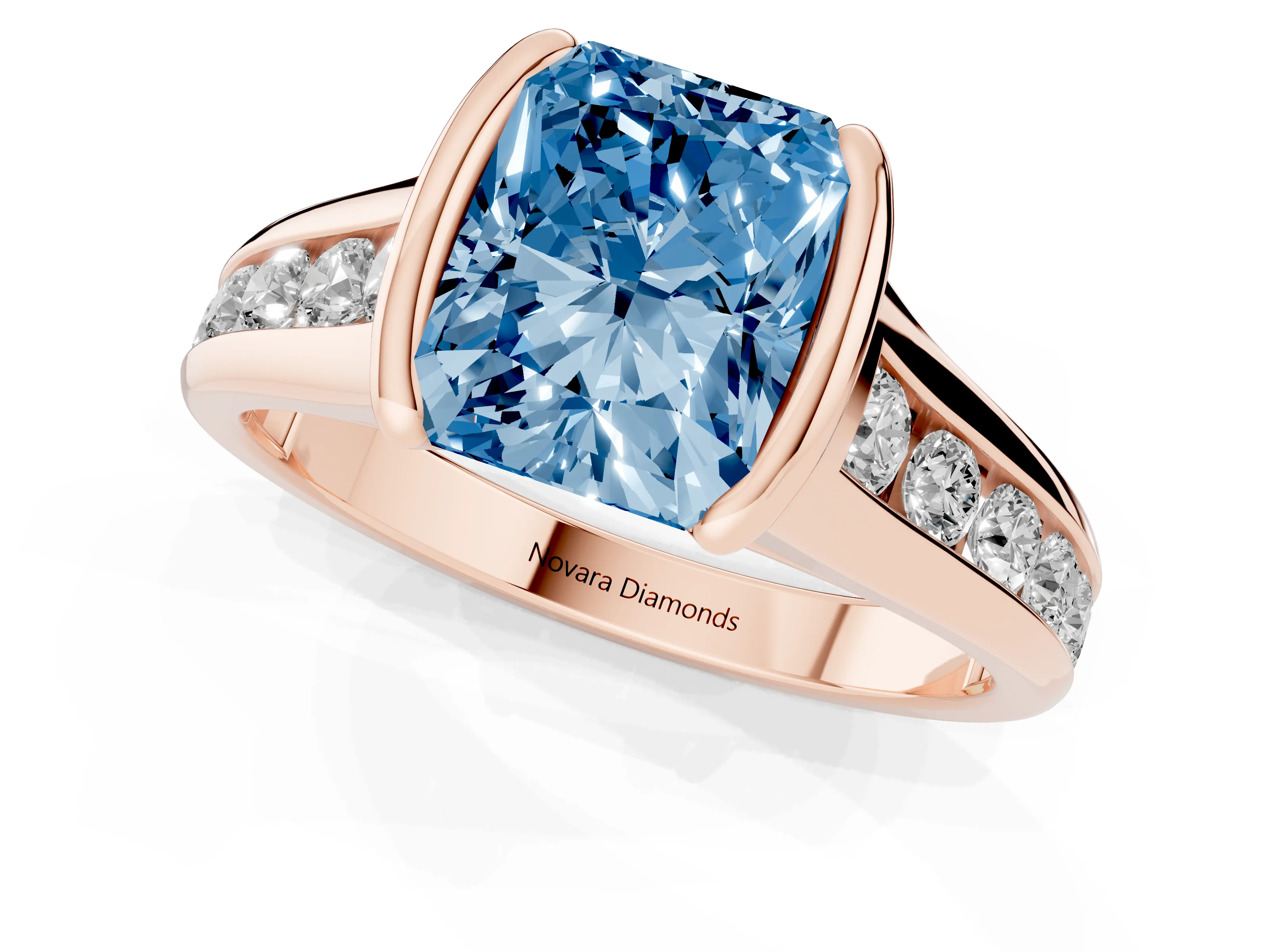 Fancy Blue Radiant Cut Diamond Bezel-Set Solitaire Ring Set in Rose gold with Channel-Set Band