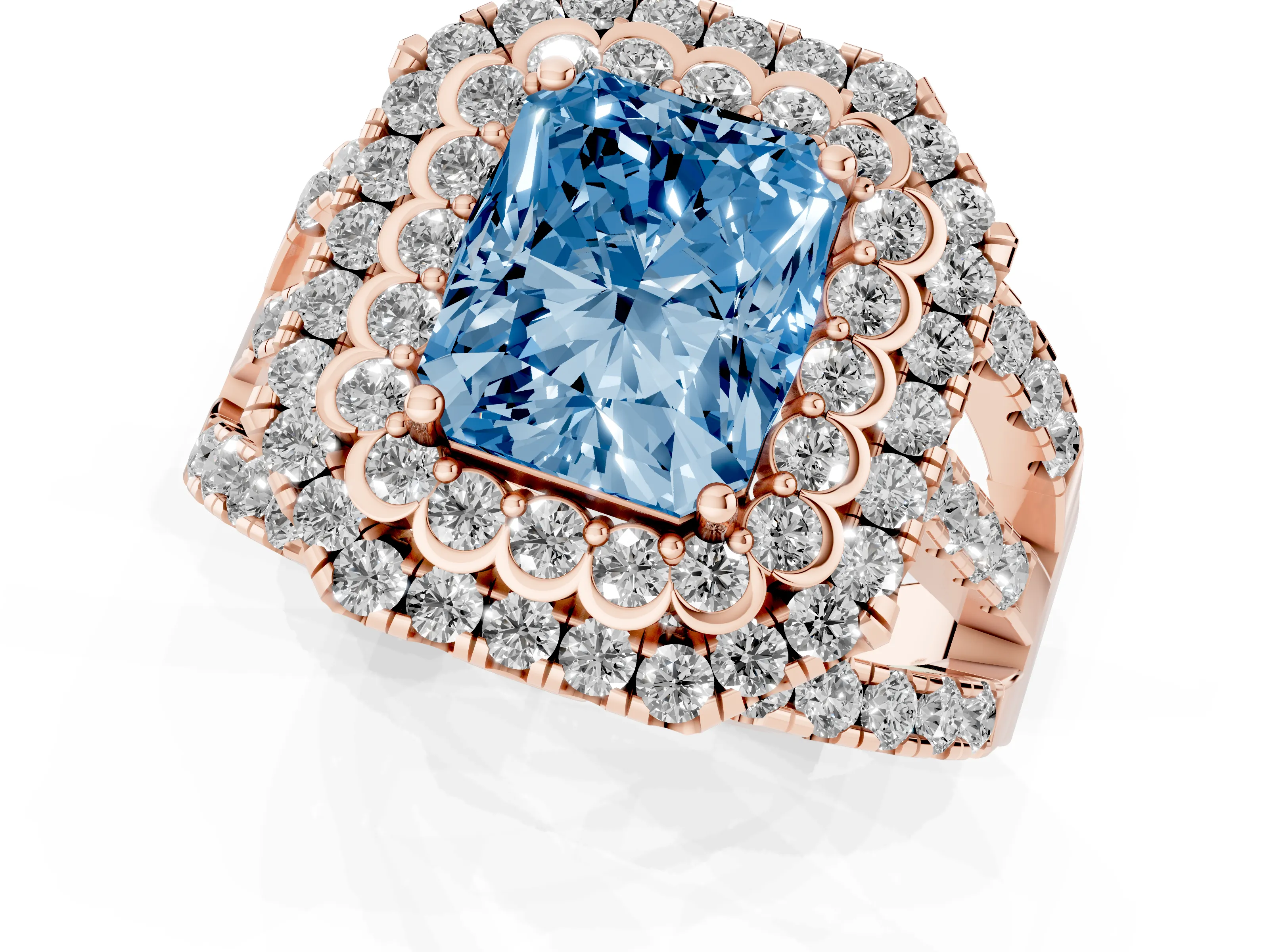 Fancy Blue Radiant Cut Diamond Double Halo Ring Set in Rose gold with Round Pavé Split Shank