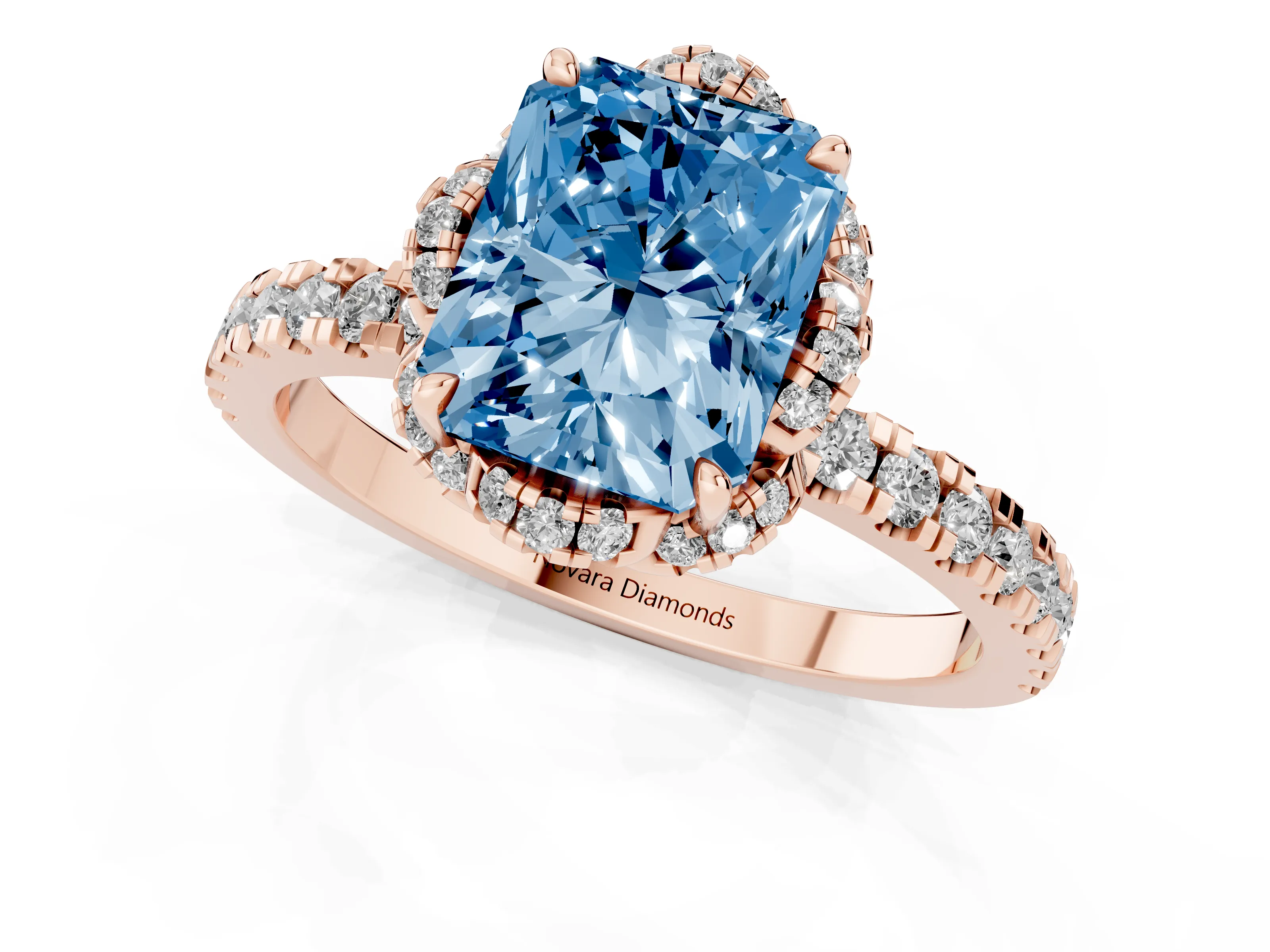 Fancy Blue Radiant Cut Diamond Halo Pavé Band Ring Set in Rose gold with Prong-Held Center