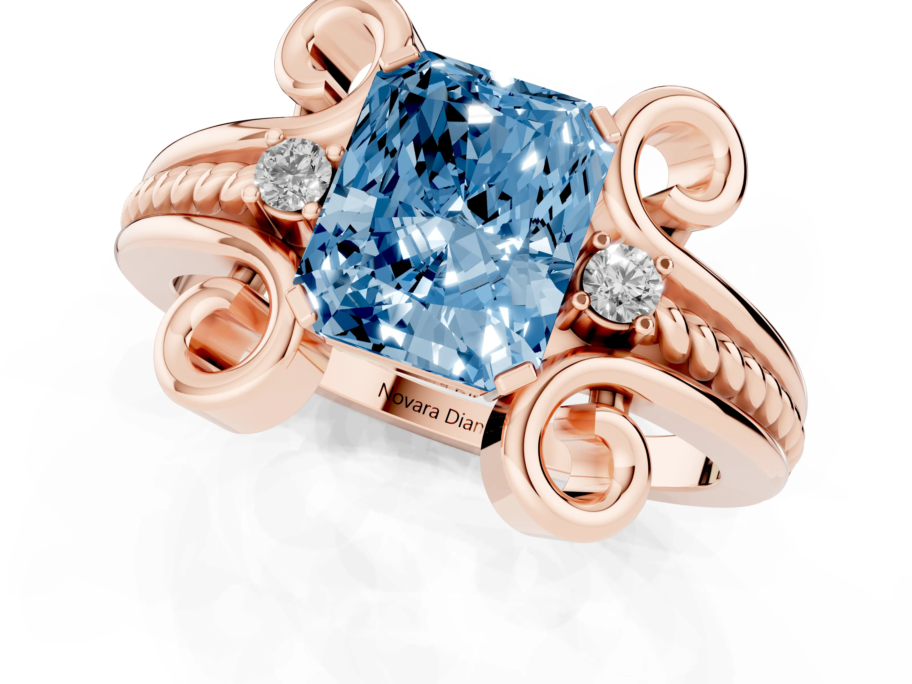 Fancy Blue Radiant Cut Diamond Twisted Band Solitaire Ring Set in Rose gold with Scroll Prongs