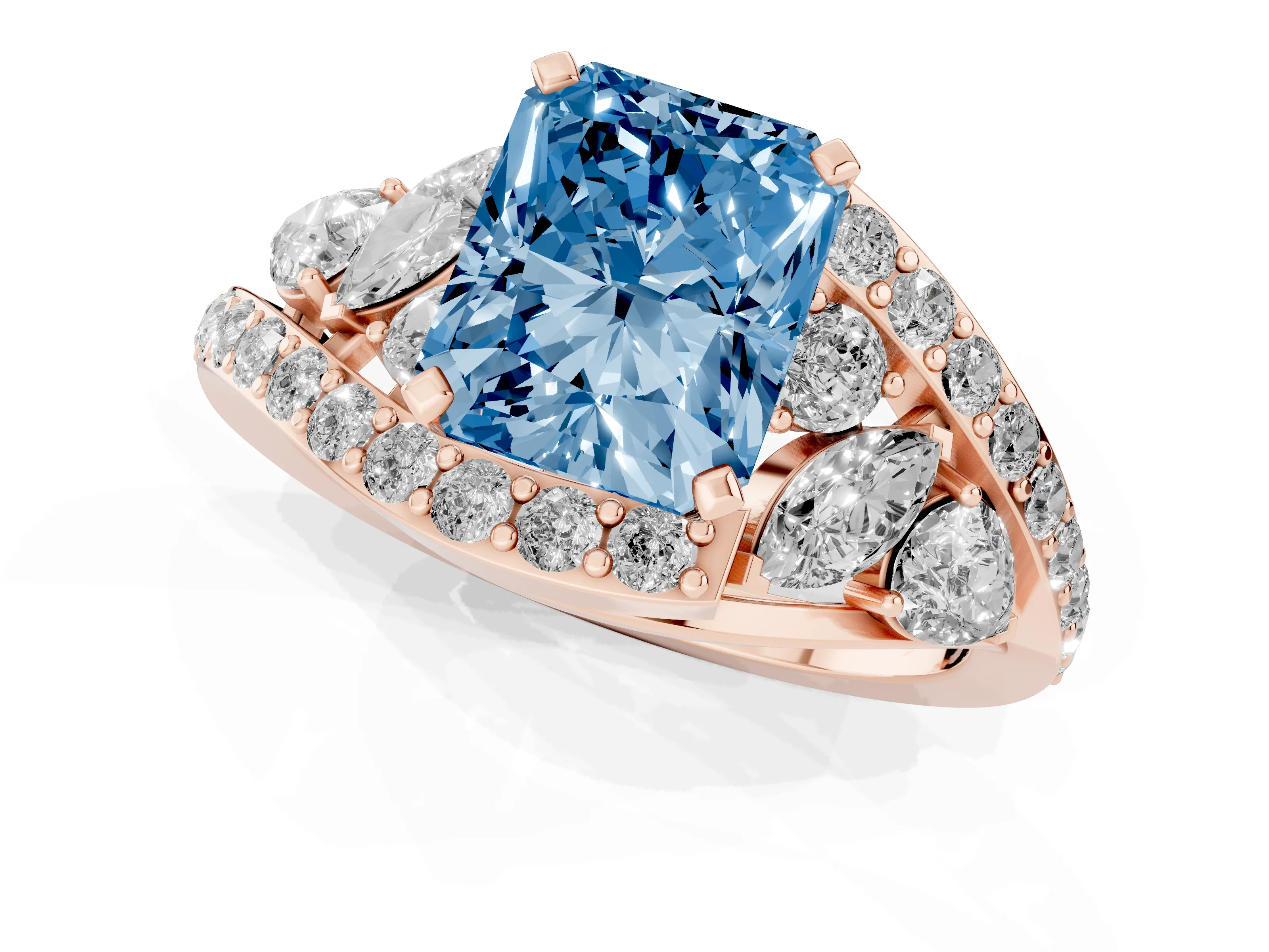 Fancy Blue Radiant Cut Diamond Halo Ring Set in Rose gold with Marquise and Pavé Band in Prong Setting