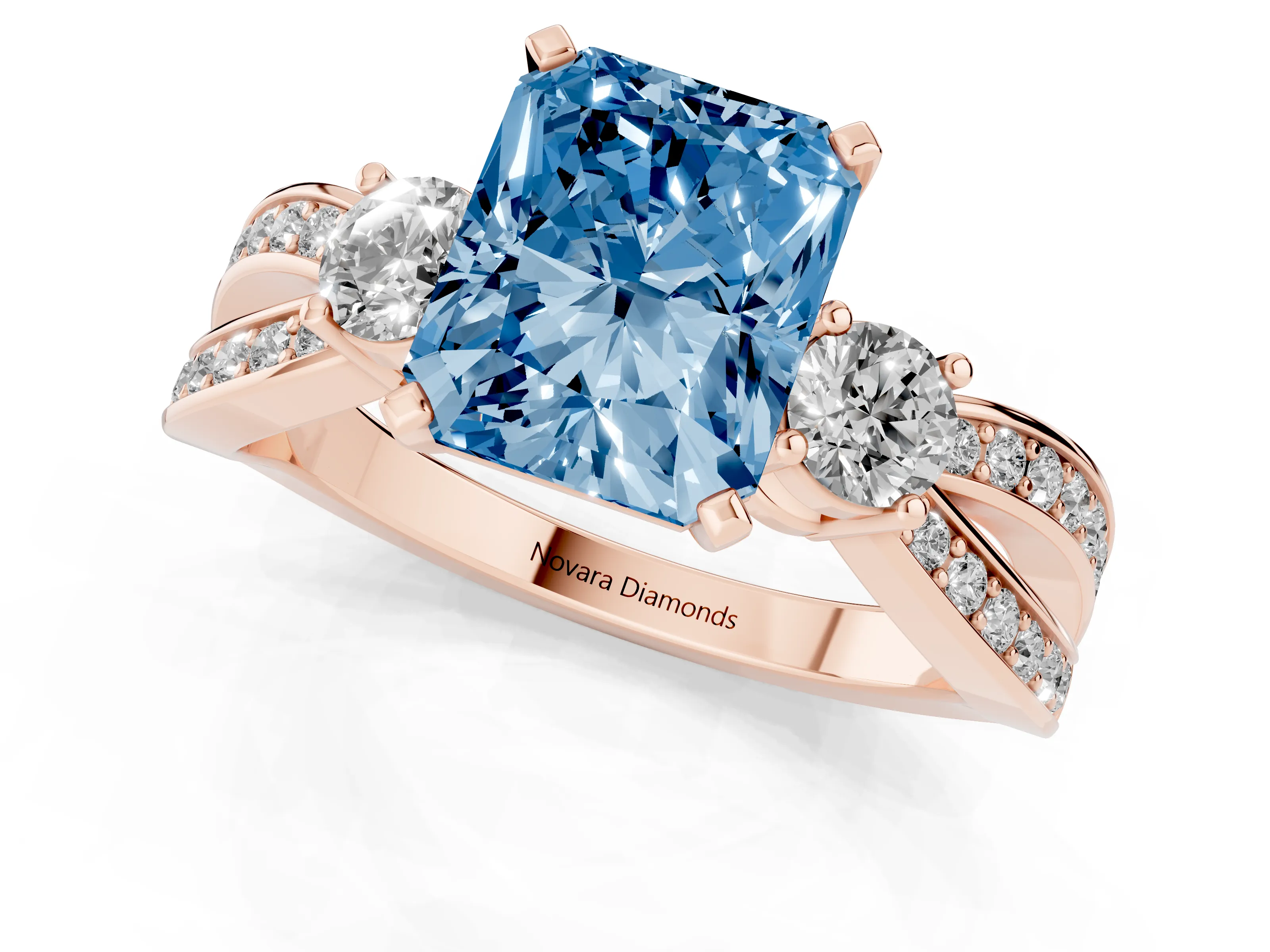 Fancy Blue Three-Stone Radiant Cut Diamond Twist Band Ring Set in Rose gold with Pavé Accents and Prong Setting