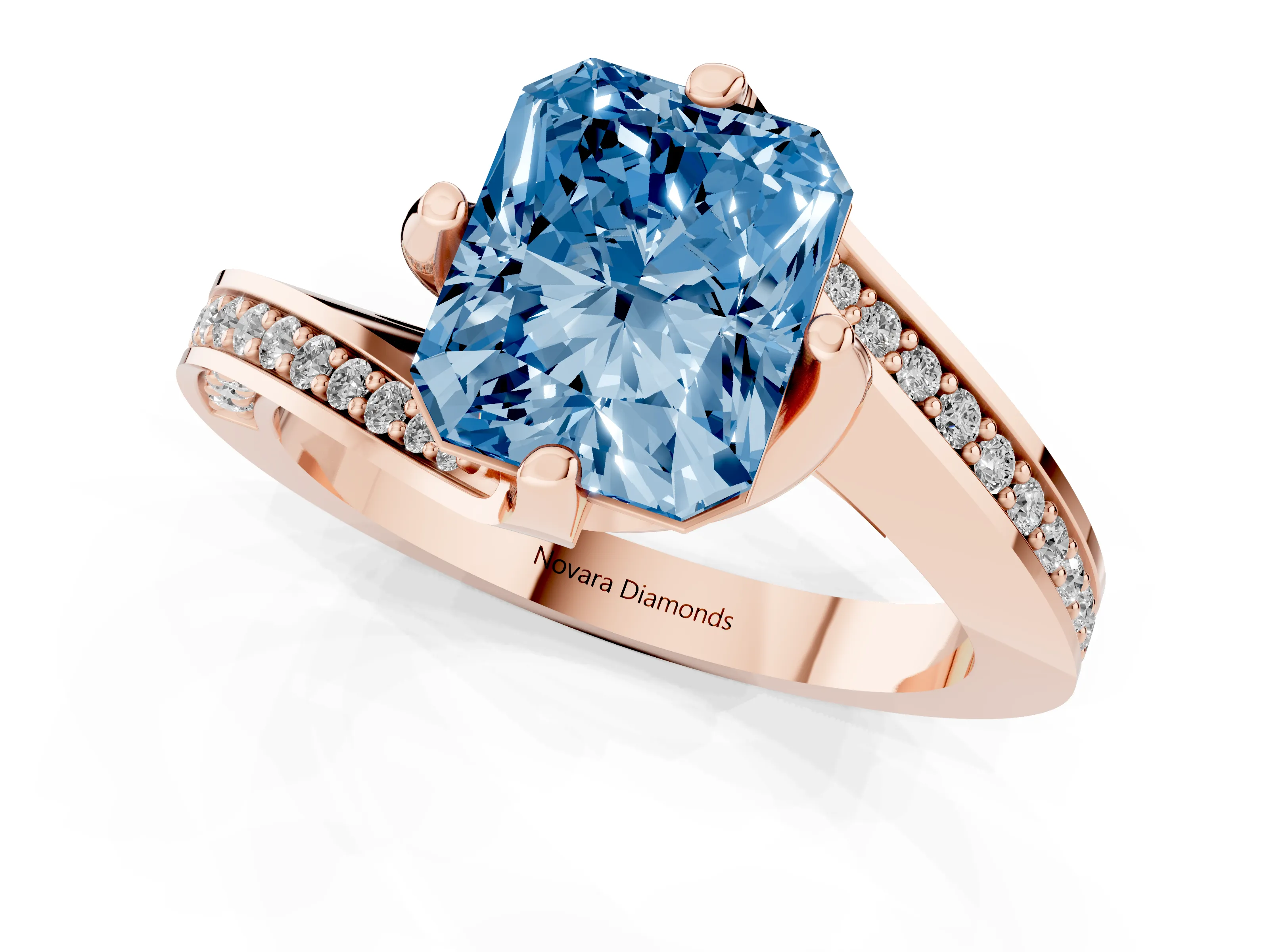 Fancy Blue Radiant Cut Diamond Solitaire Ring Set in Rose gold with Intertwined Pavé Twist Band