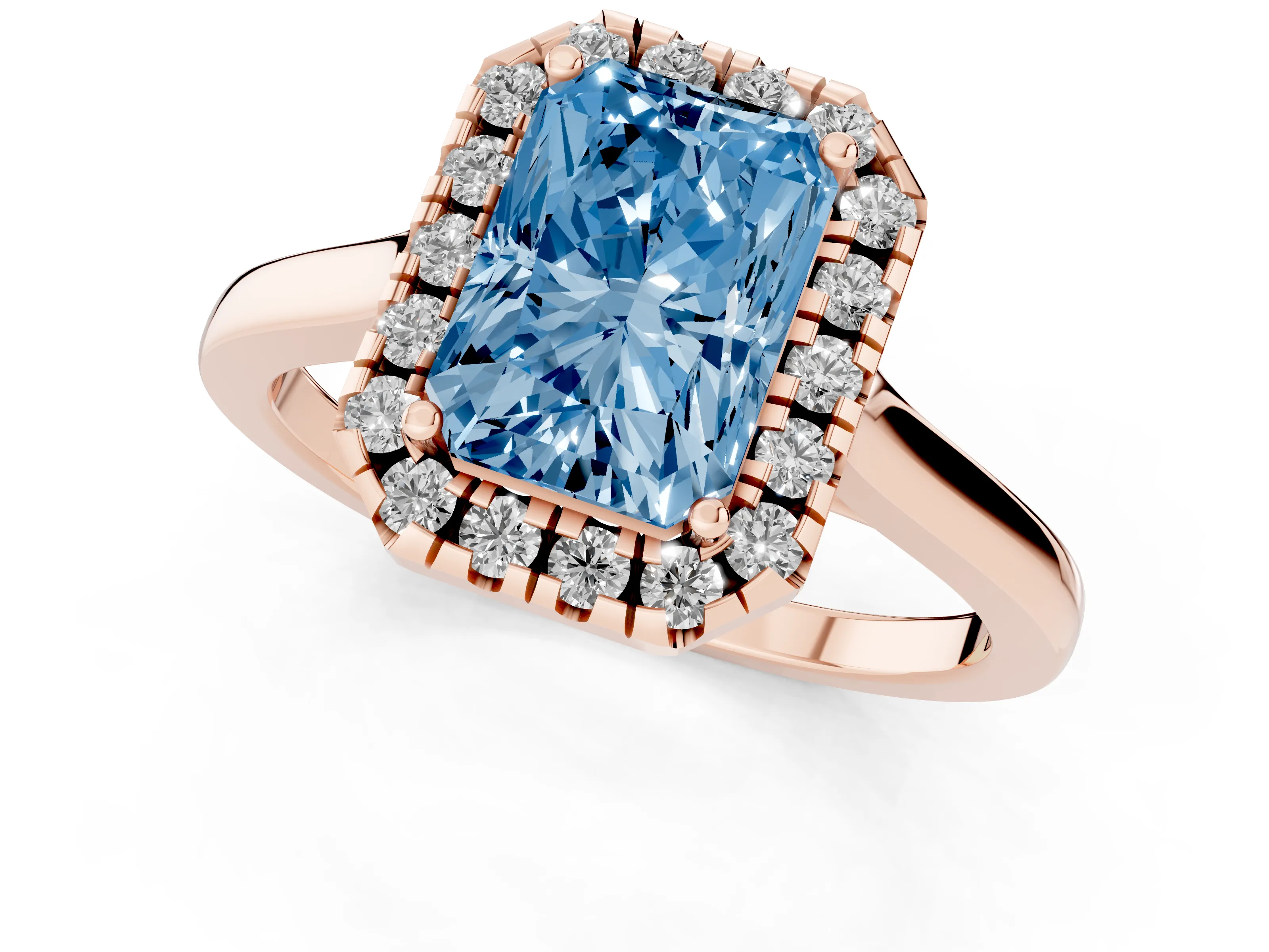 Fancy Blue Radiant Cut Halo Round Diamond Solitaire Ring Set in Rose gold with Pavé Band and Prong Setting