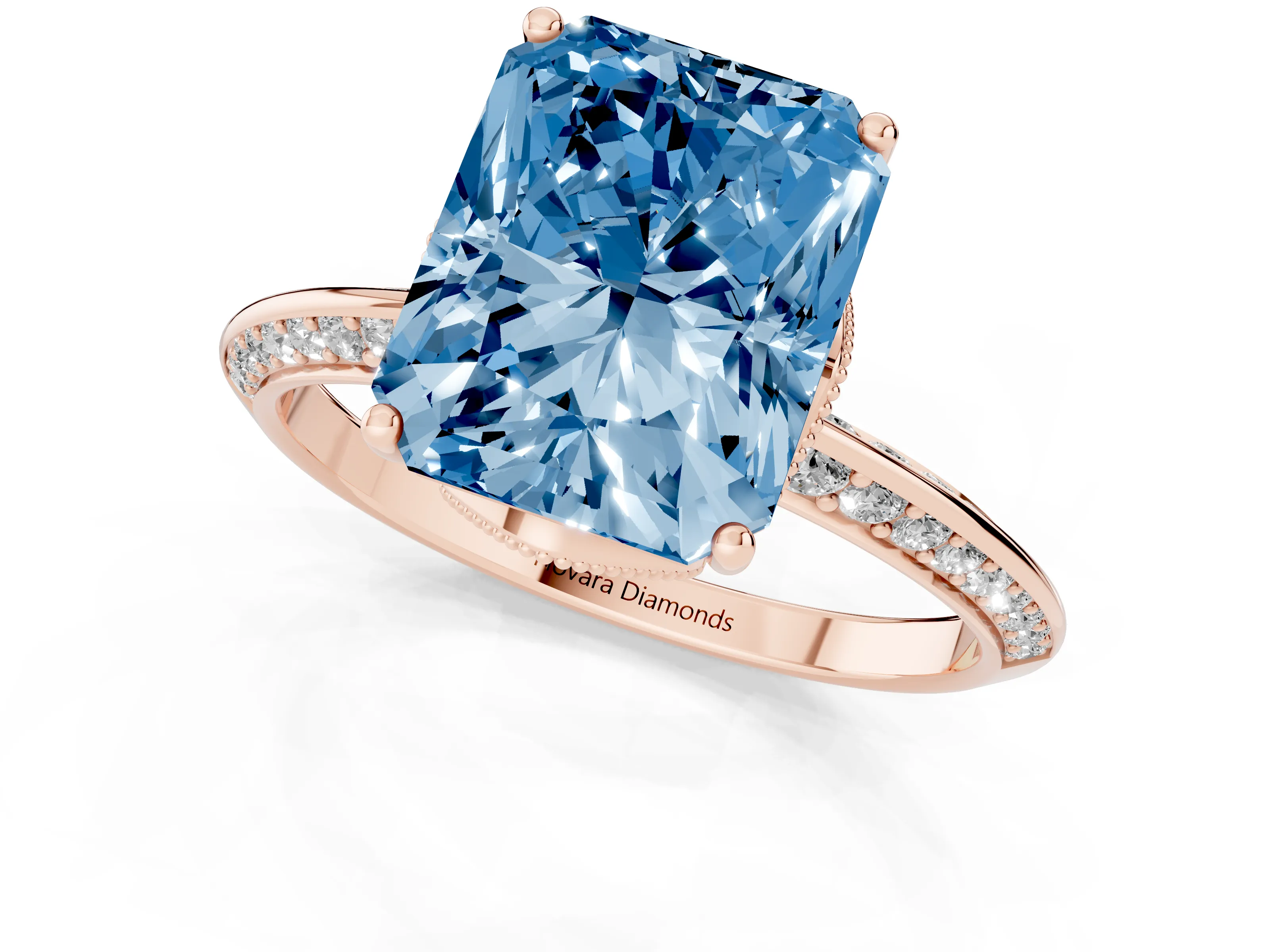 Fancy Blue Radiant Cut Diamond Solitaire Engagement Ring Set in Rose gold with Pavé Split Shank and Prong Setting