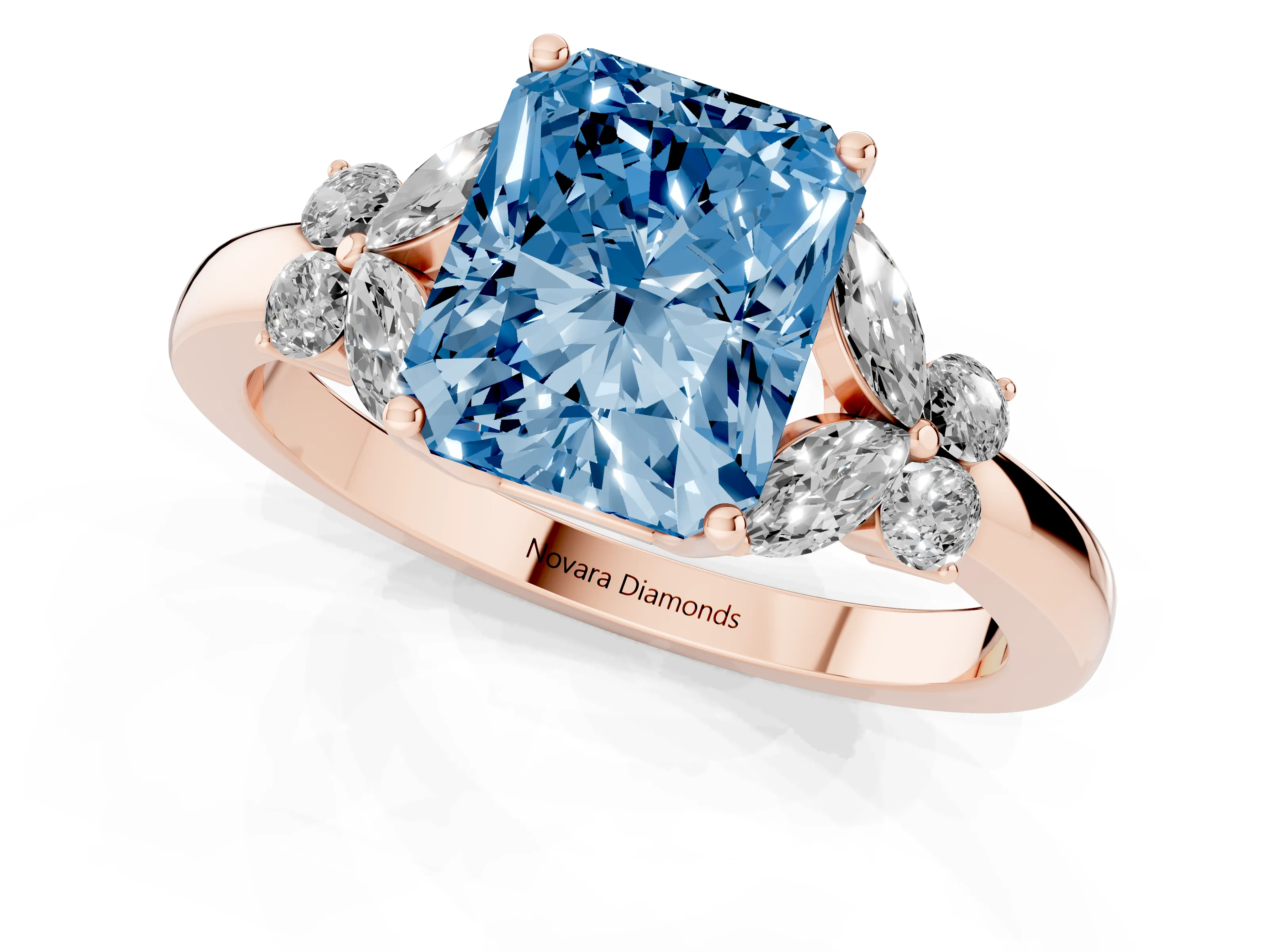 Fancy Blue Radiant Cut Diamond Solitaire Floral Ring Set in Rose gold with Marquise Petals and Prong Setting
