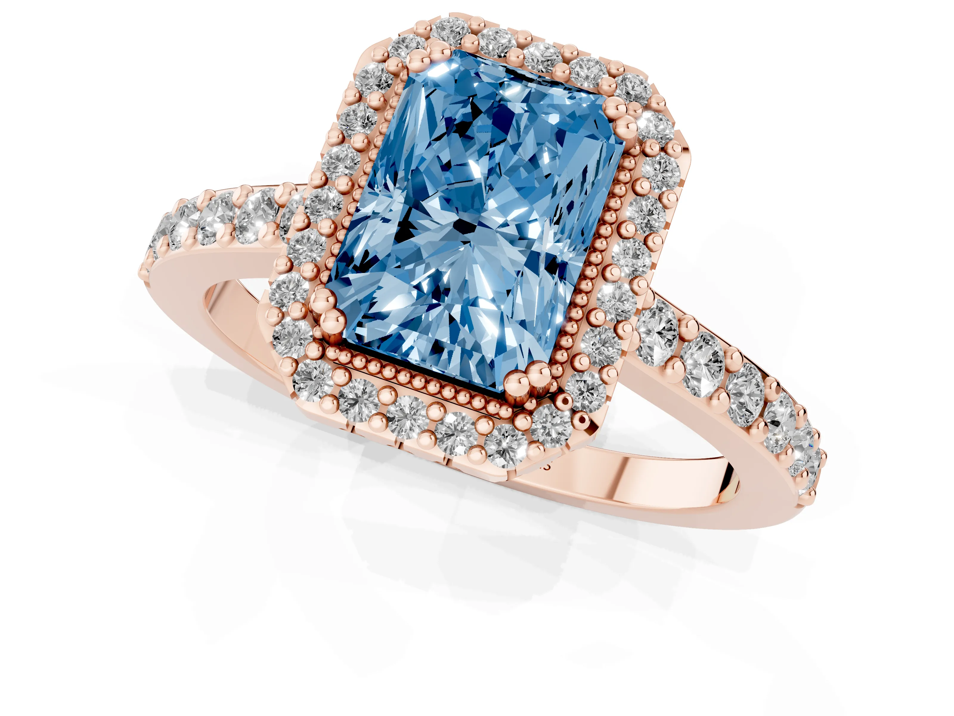 Fancy Blue Radiant Cut Diamond Halo Engagement Ring Set in Rose gold with Milgrain Detail and Pavé Band