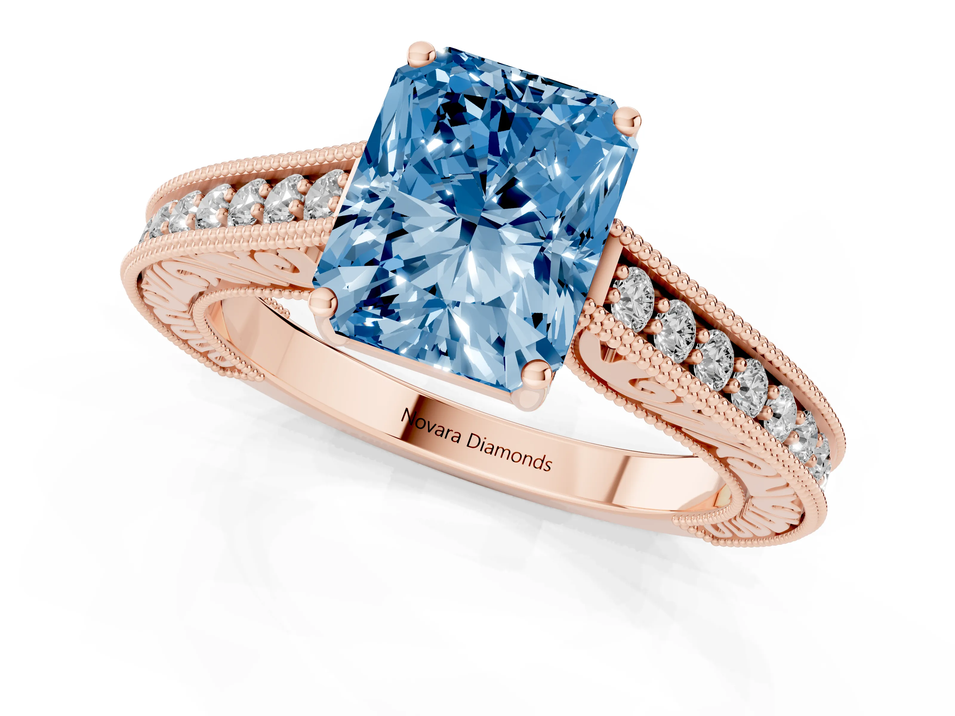 Fancy Blue Radiant Cut Diamond Milgrain Pavé Band Solitaire Ring Set in Rose gold with Prong Setting