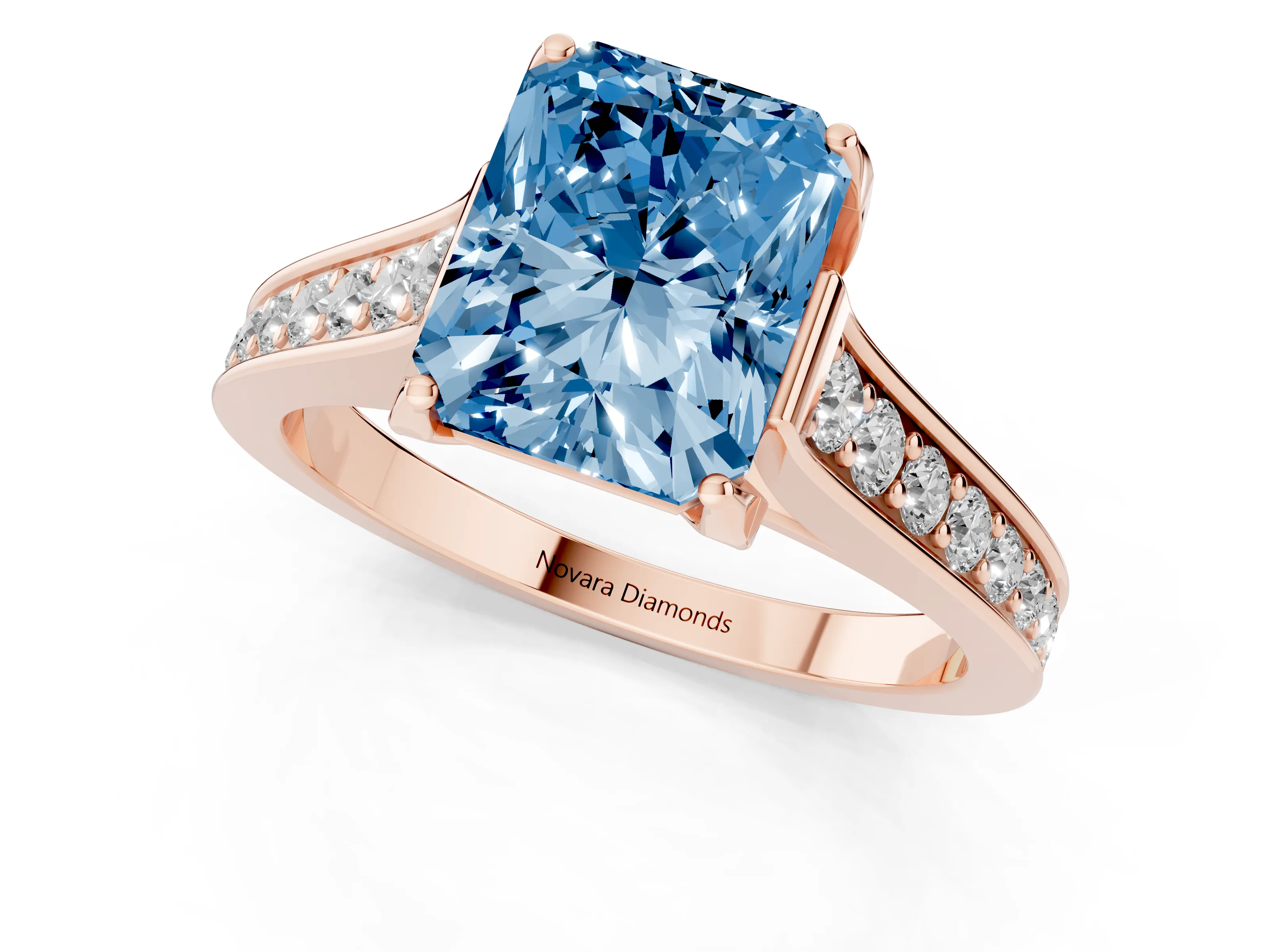 Fancy Blue Radiant Cut Diamond Solitaire Pavé Engagement Ring Set in Rose gold with Prong Setting