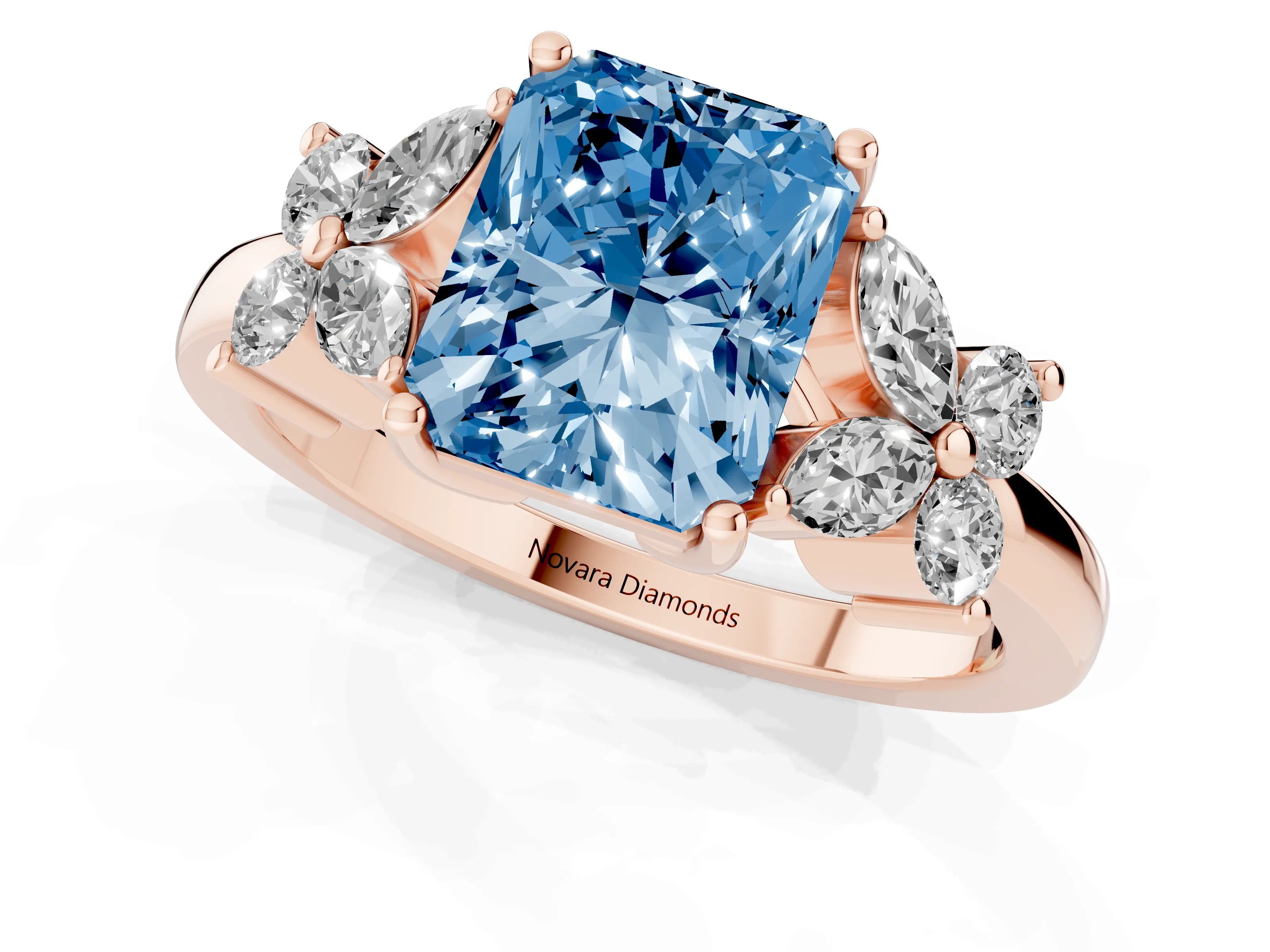 Fancy Blue Radiant Cut Diamond Floral Cluster Ring Set in Rose gold with Marquise Petals and Prong Setting