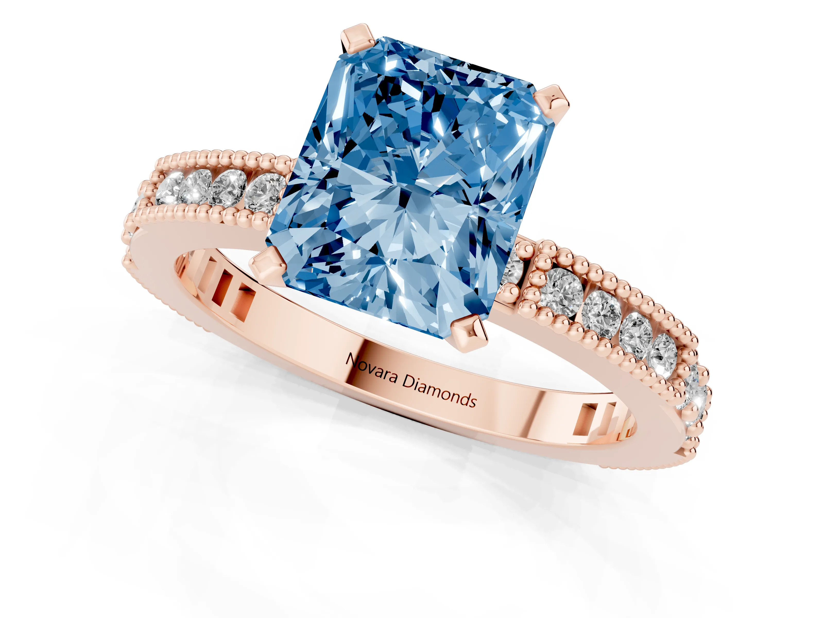 Fancy Blue Radiant Cut Diamond Solitaire Ring Set in Rose gold with Slim Pavé Band and Prong Setting