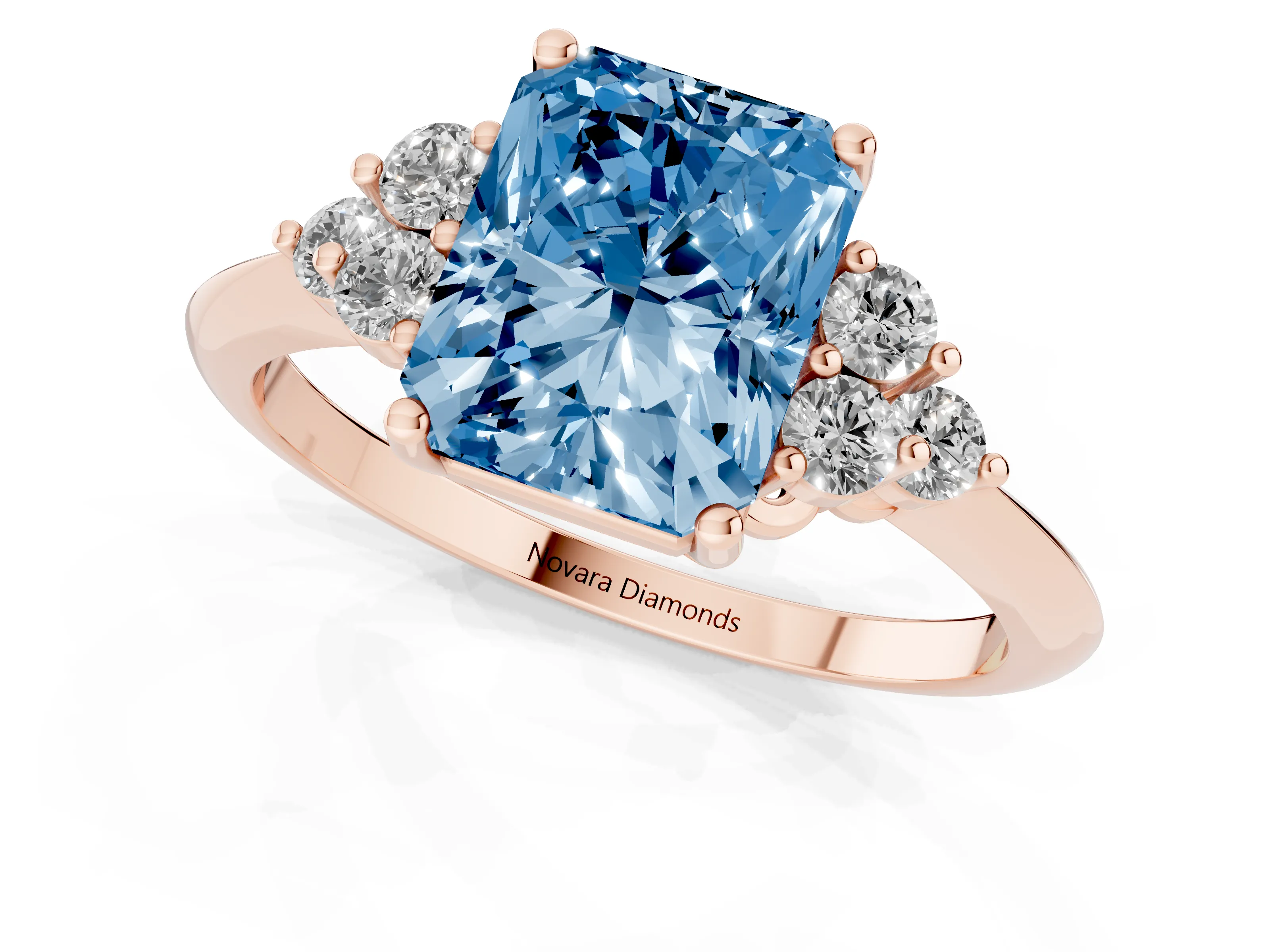 Fancy Blue Radiant Cut Diamond Cluster Ring Set in Rose gold with Plain Band and Prong Setting