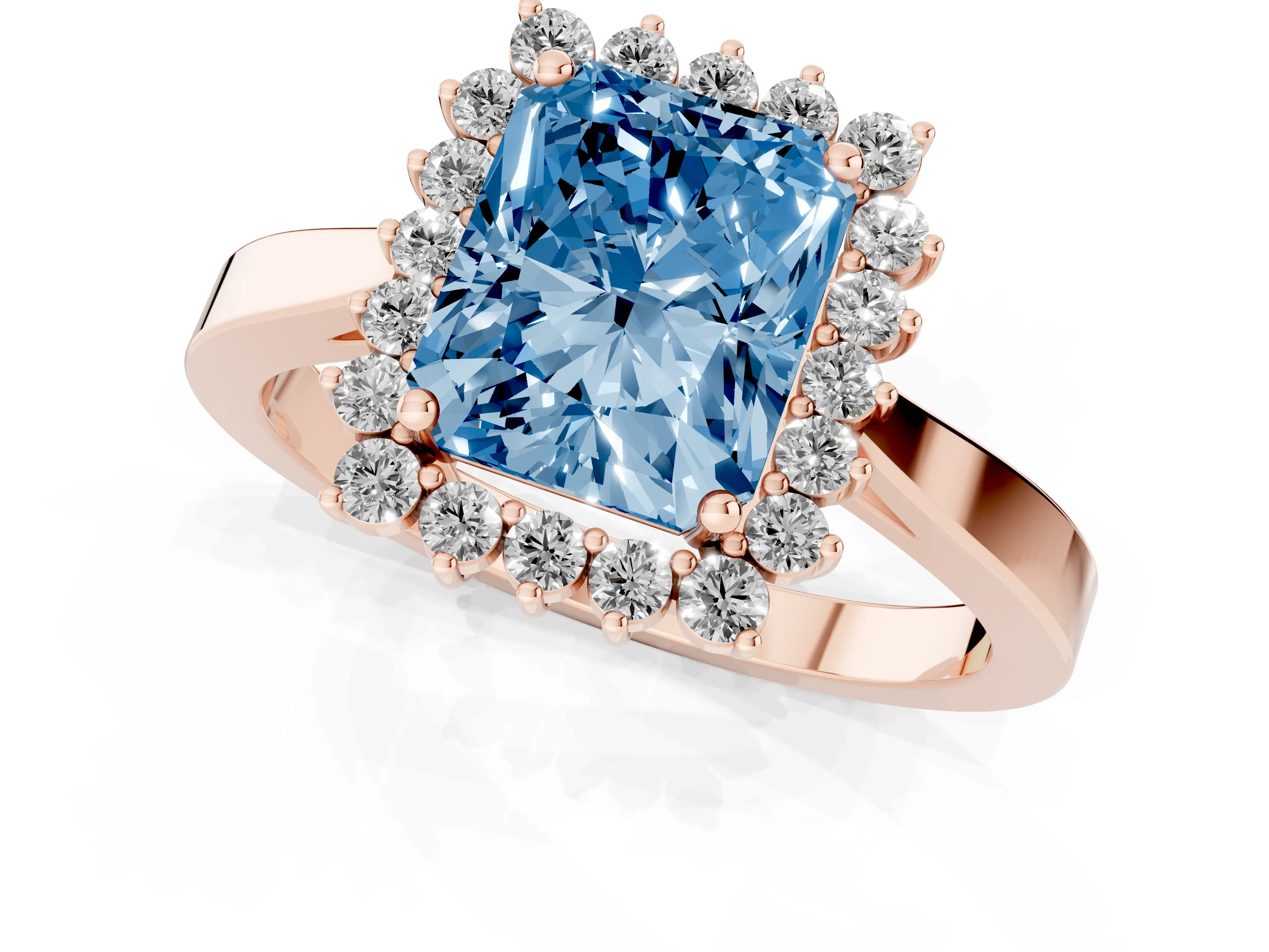 Fancy Blue Radiant Cut Diamond Halo Ring Set in Rose gold with Round Halo and Smooth Solitaire Band
