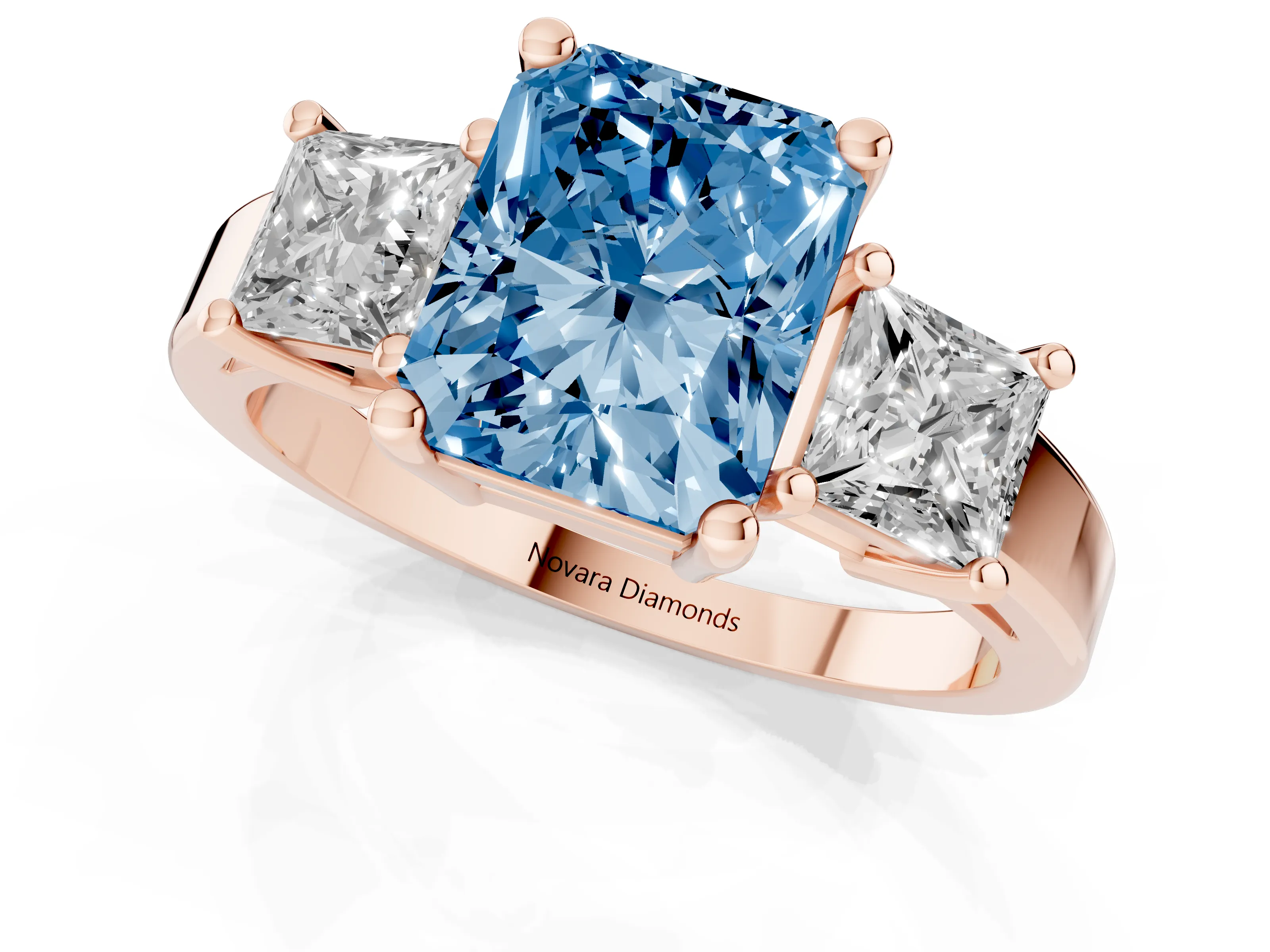 Fancy Blue Three-Stone Radiant Cut Diamond Solitaire Ring Set in Rose gold with Prong Setting